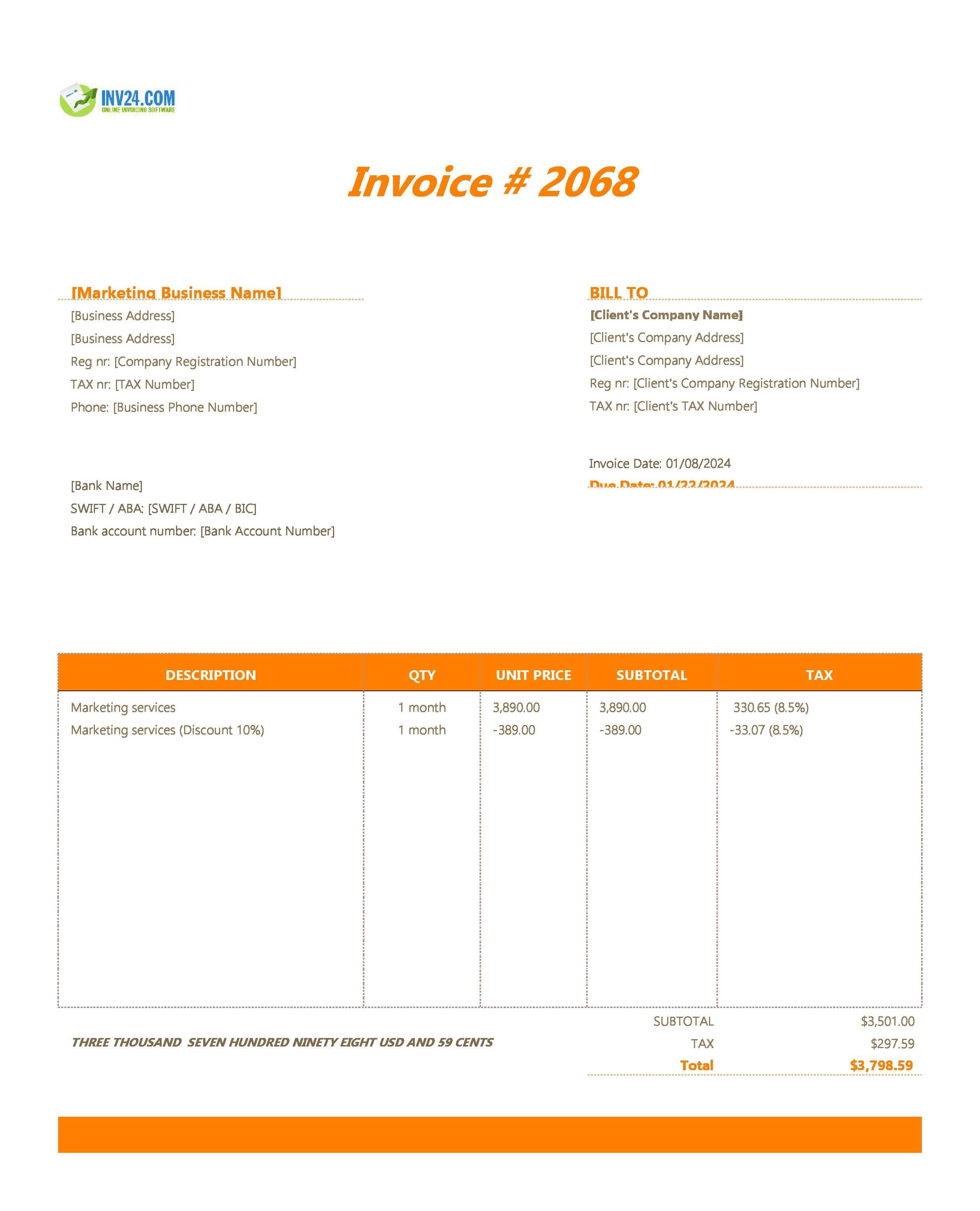 Marketing Invoice Template (Excel / Google Sheets)