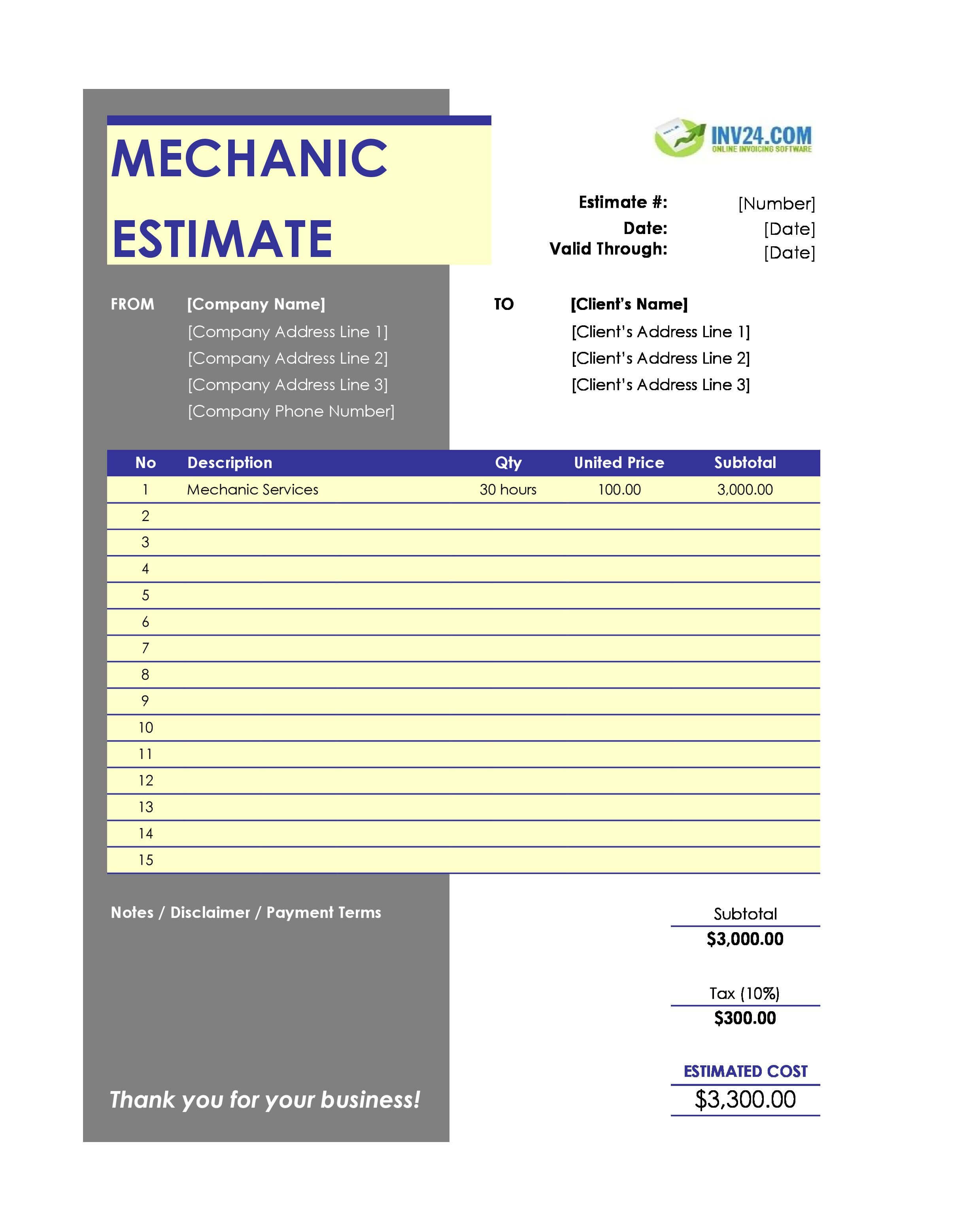 Mechanic Estimate Template (Excel / Google Sheets)