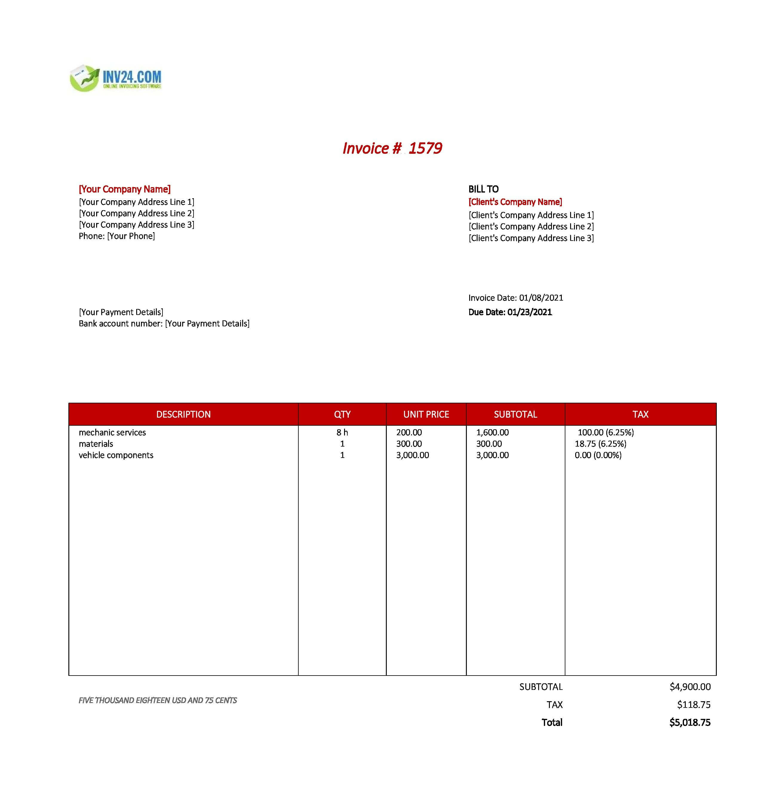 Mechanic Invoice Template (Excel) Intended For Mechanics Invoice Template