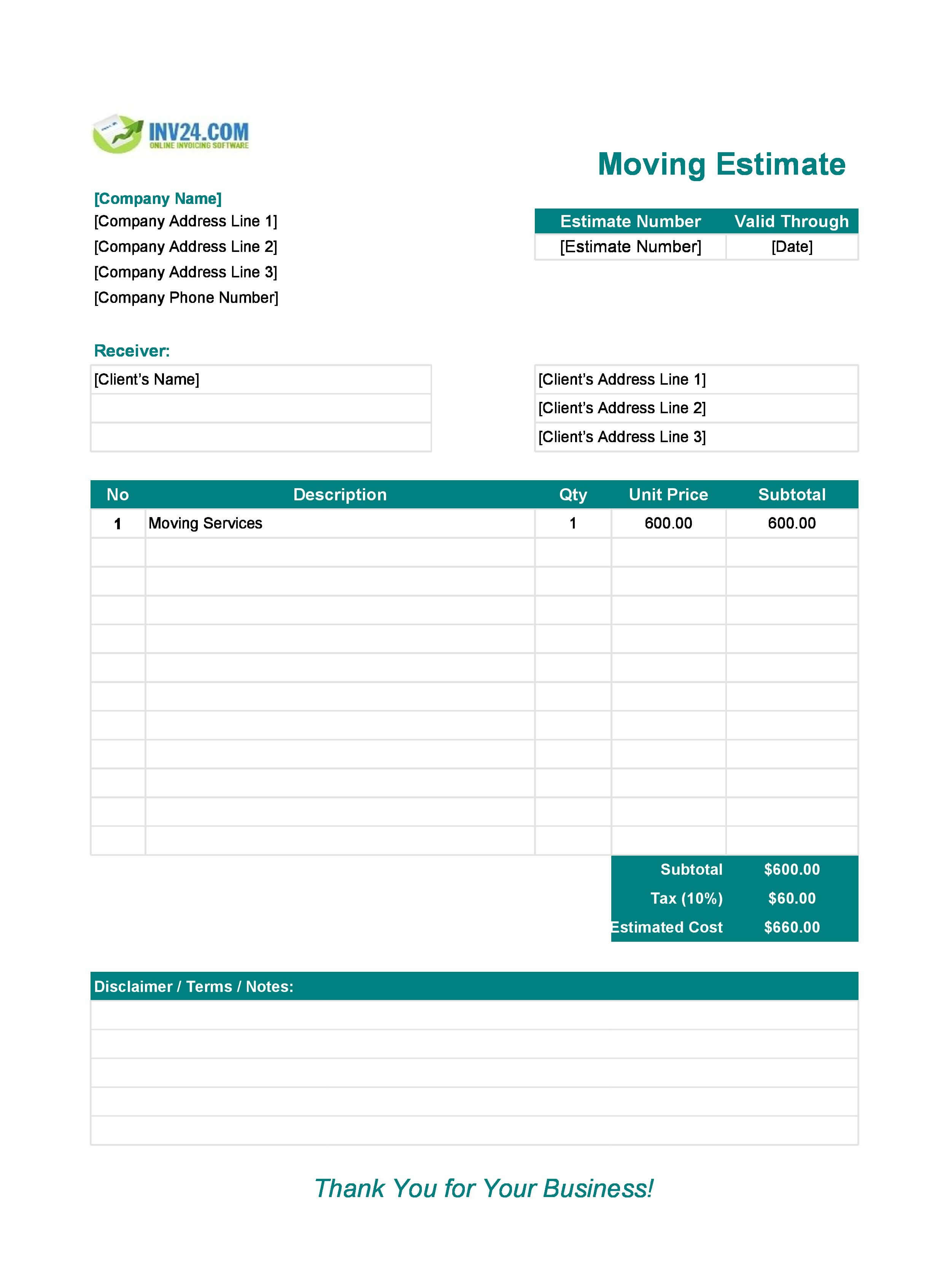 Moving Estimate Template (Excel / Google Sheets)