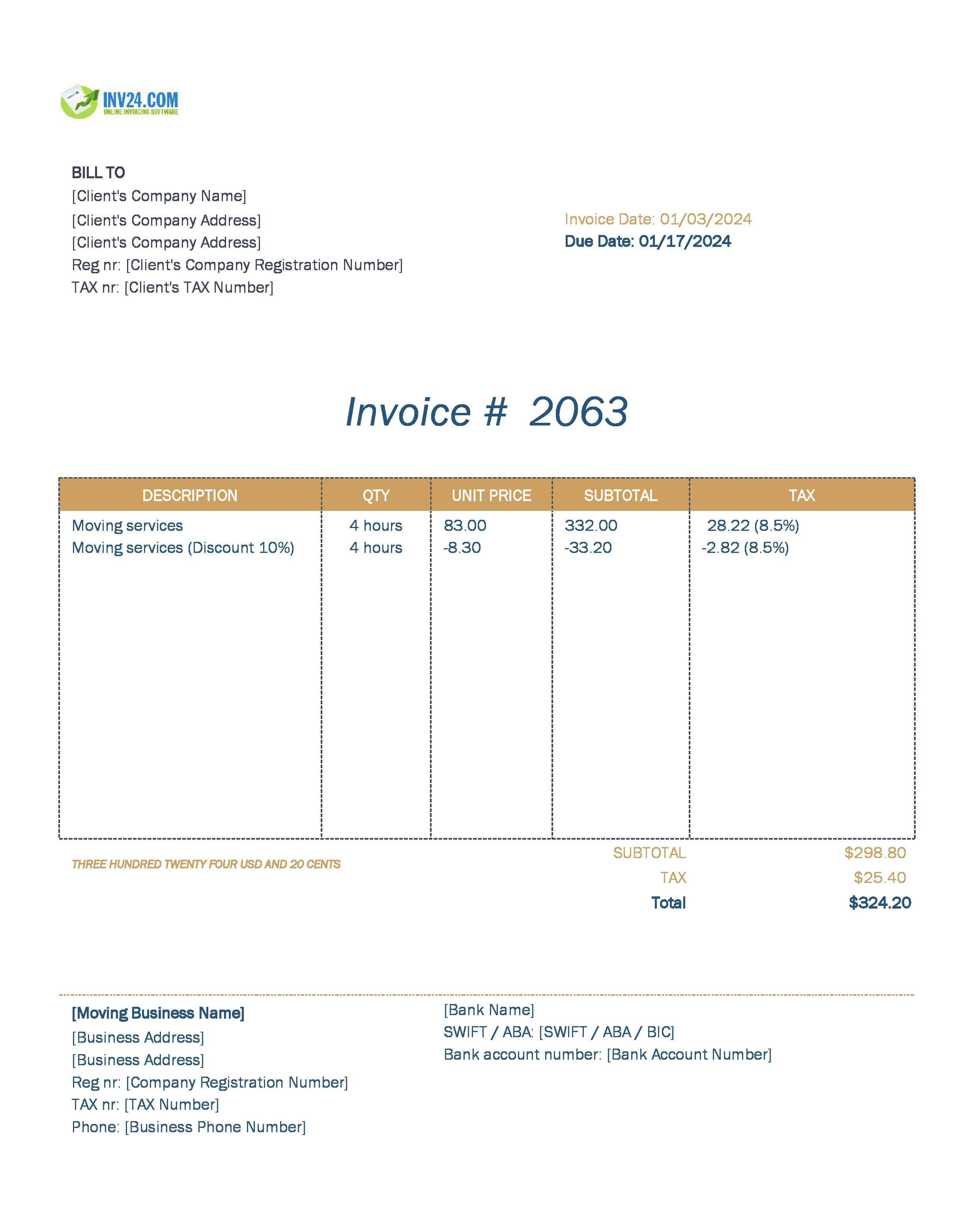 Moving Invoice Template (Excel / Google Sheets)