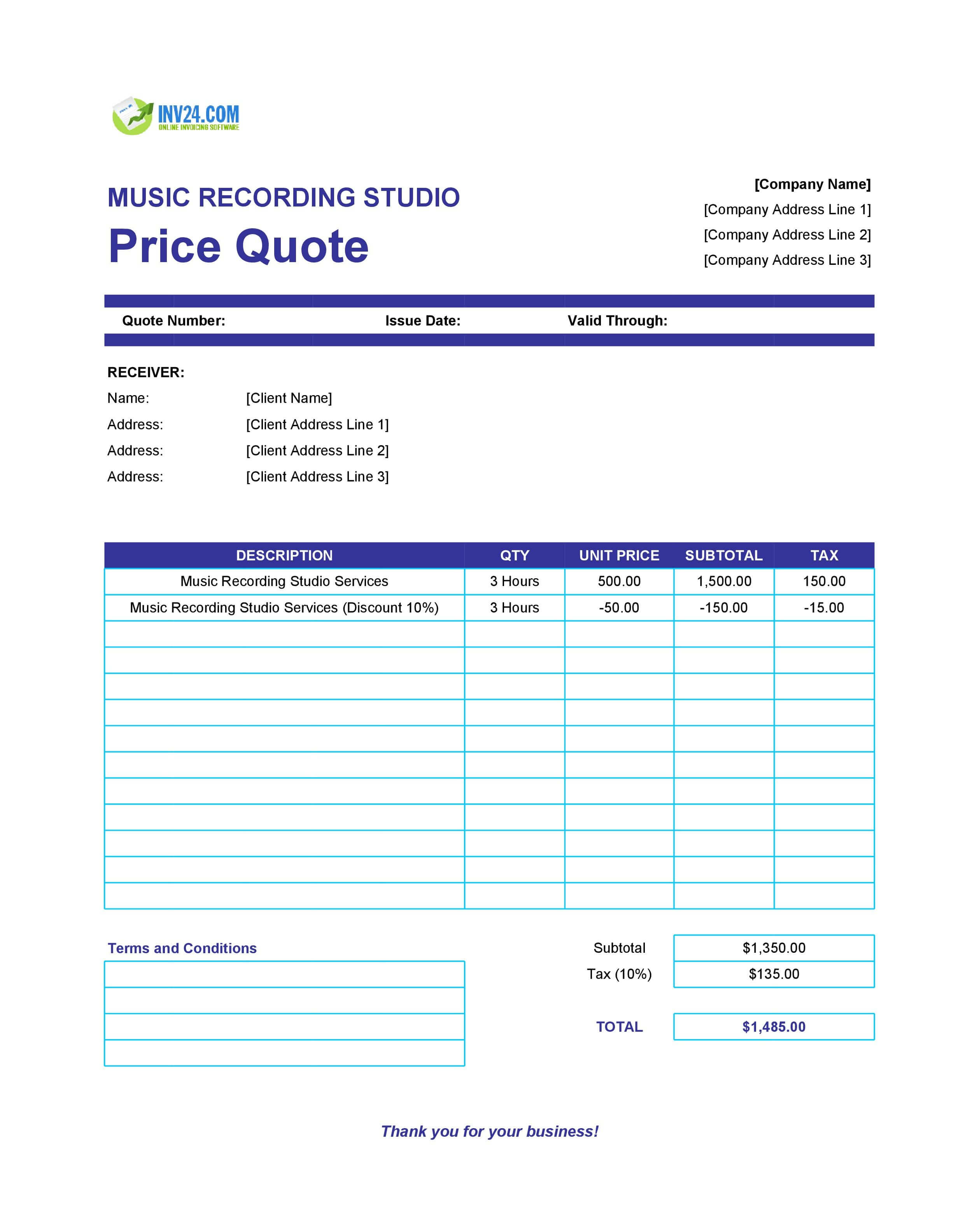 music recording studio quote template (excel / google sheets)