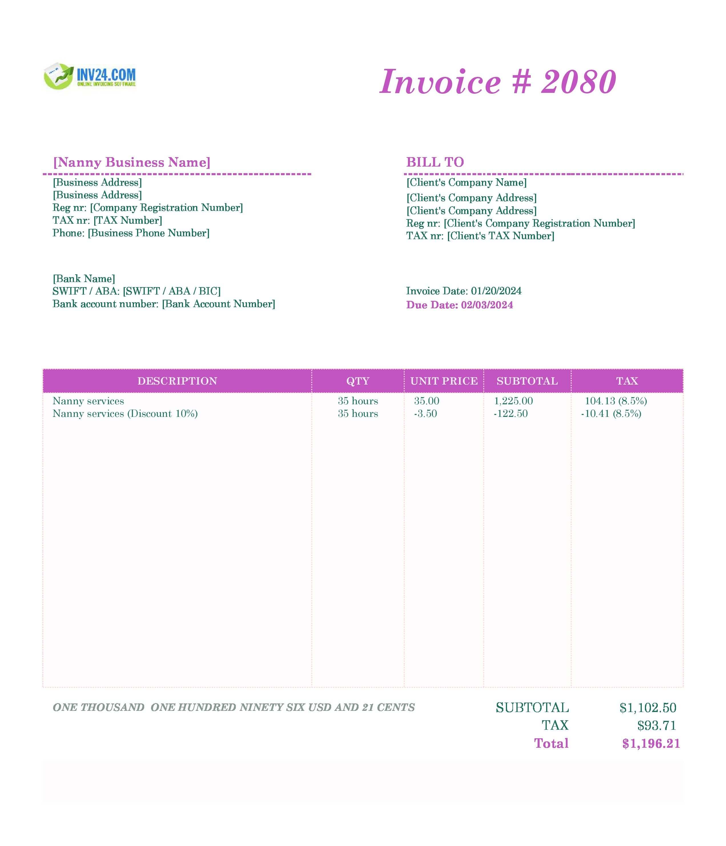 Nanny Invoice Template (Excel / Google Sheets)
