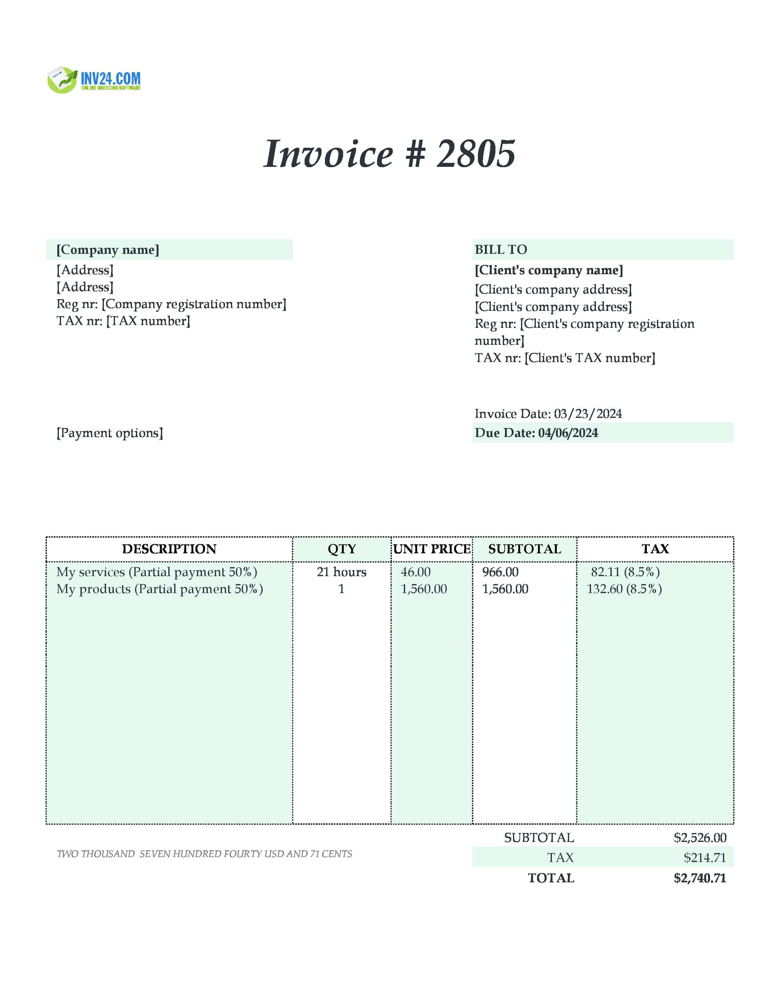 partial payment invoice sample