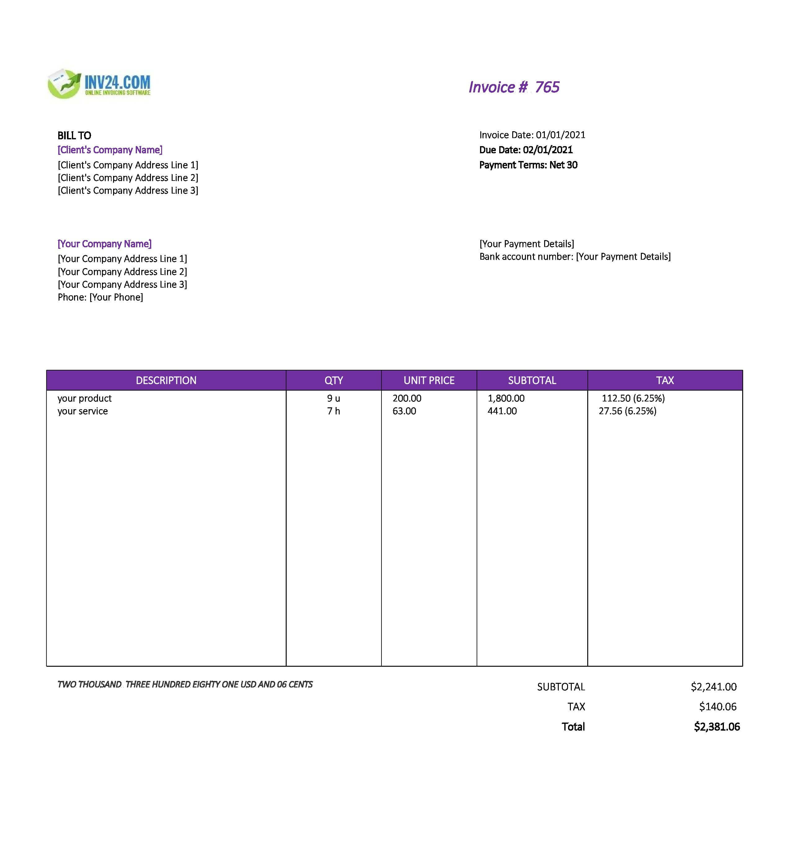 Payment invoice template with NET 30 terms