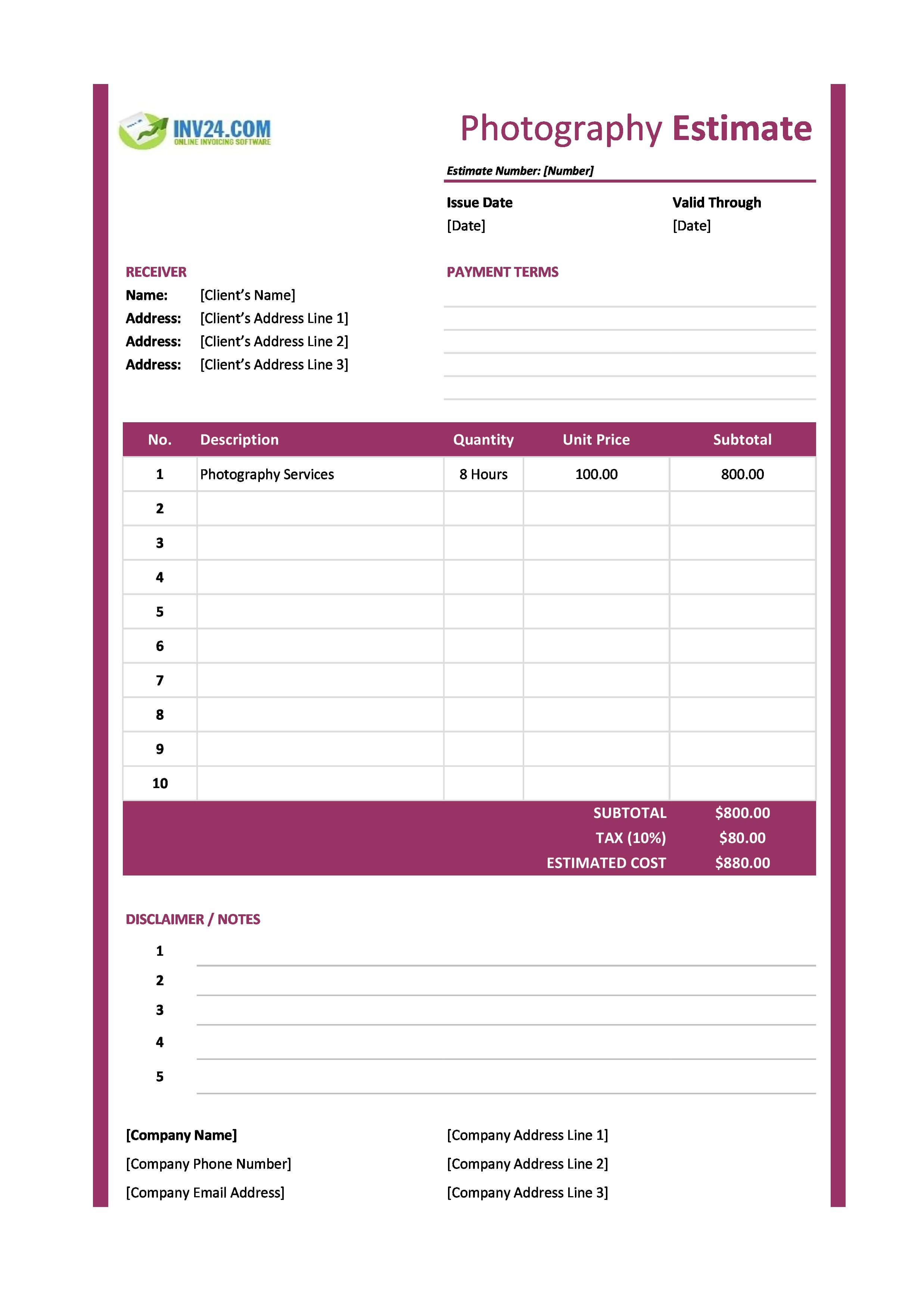 Photography Estimate Template (Excel / Google Sheets) Photography Estimate Template (Excel / Google Sheets)