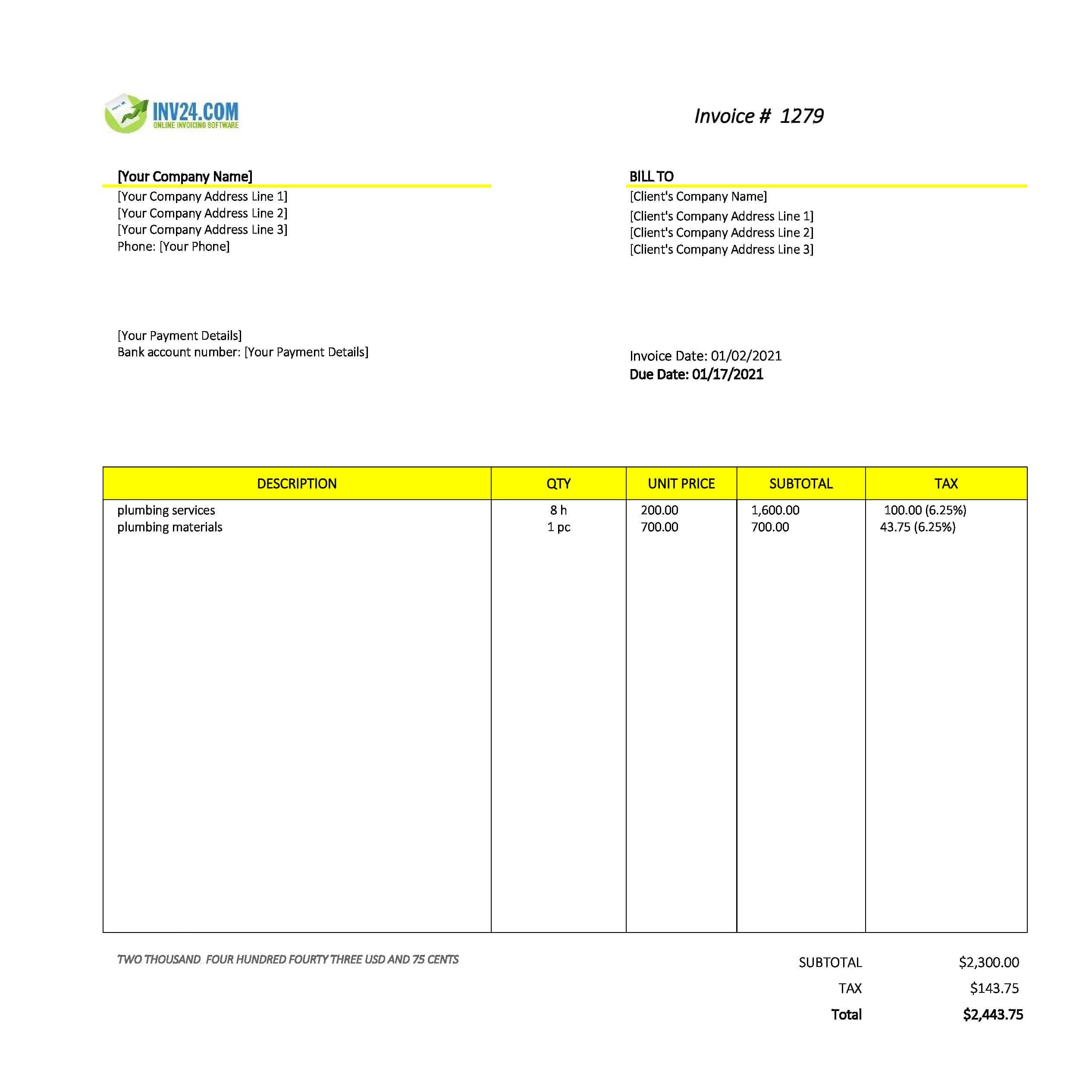 Plumbing invoice template Plumbing invoice template
