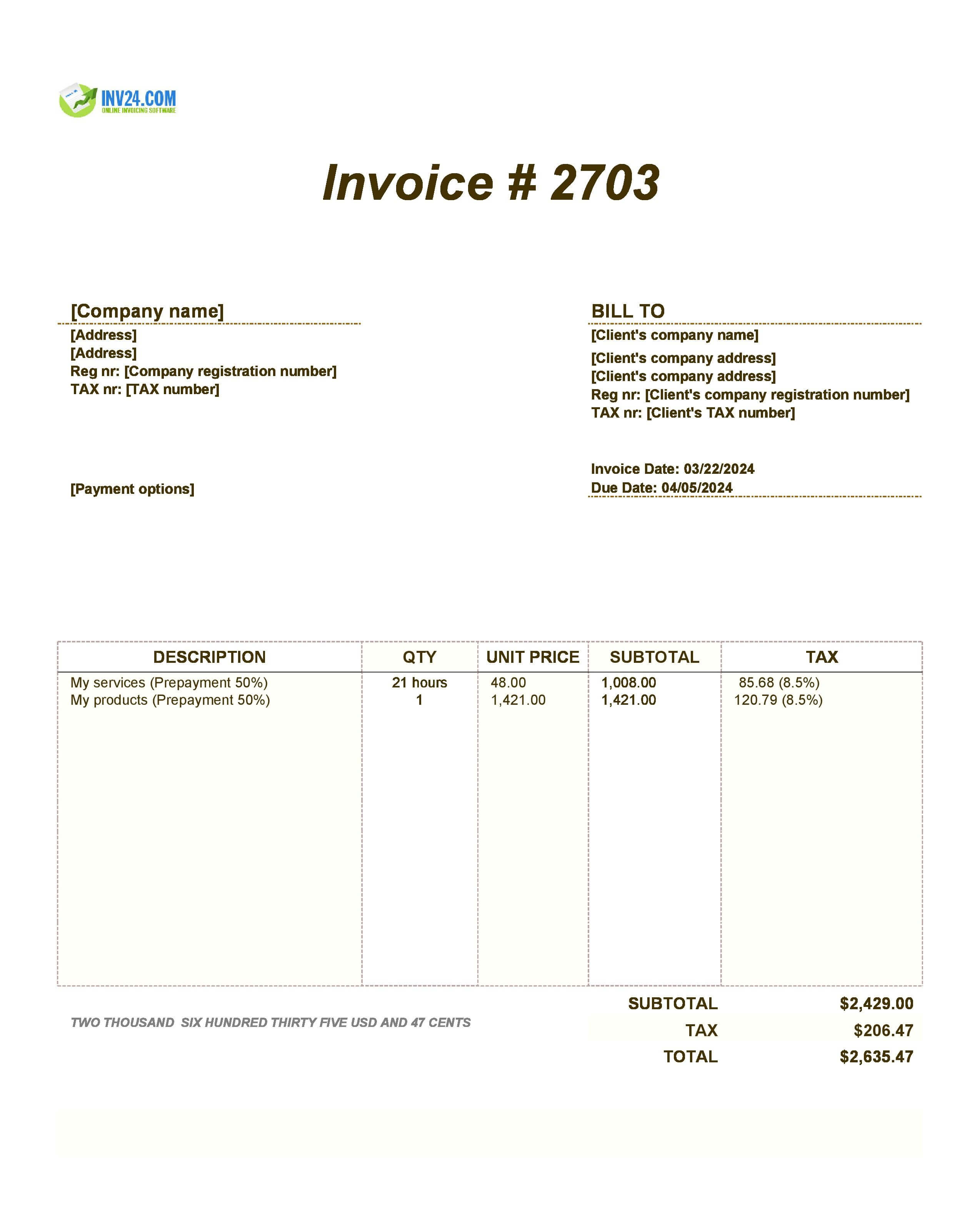 prepayment invoice example