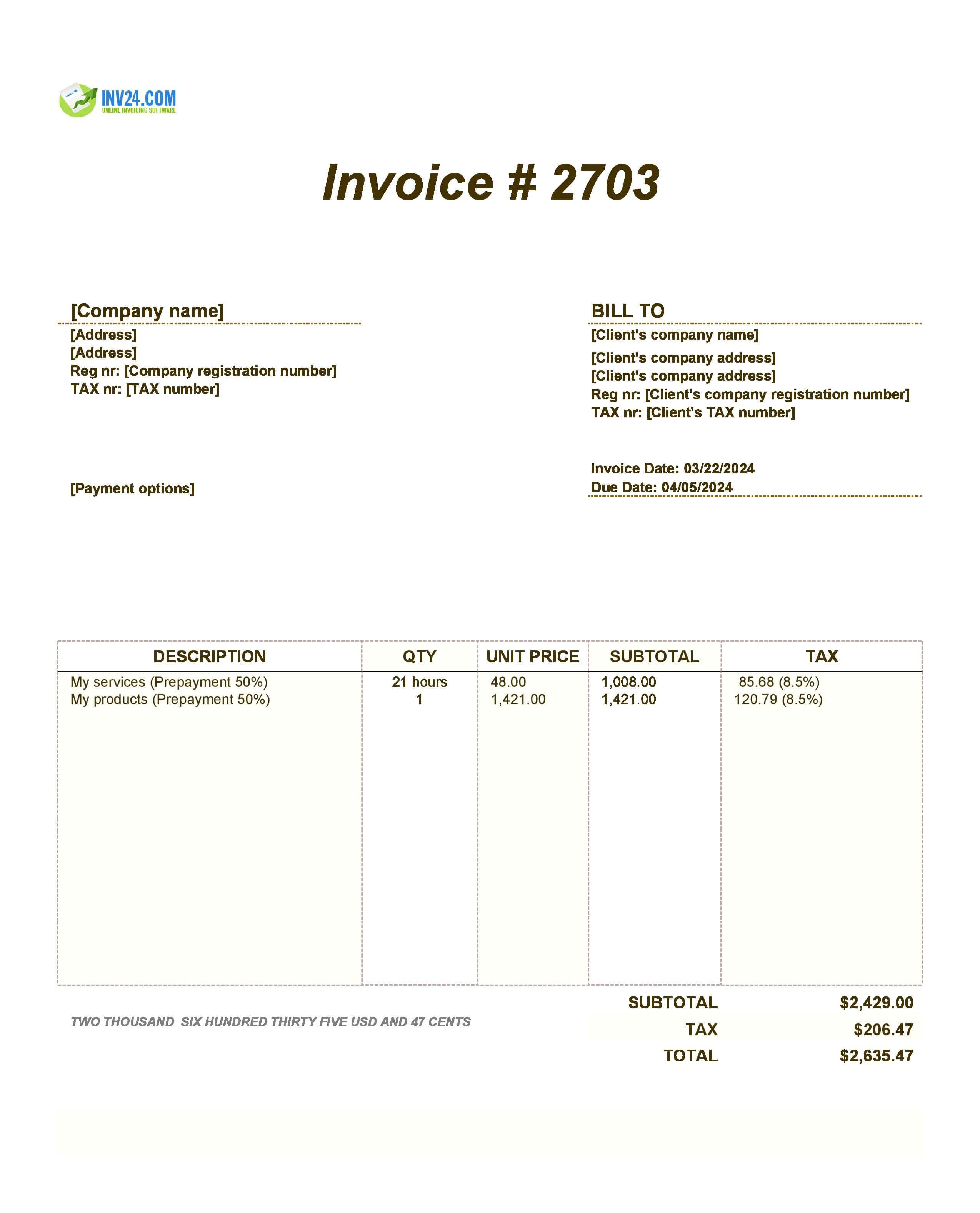 prepayment invoice template