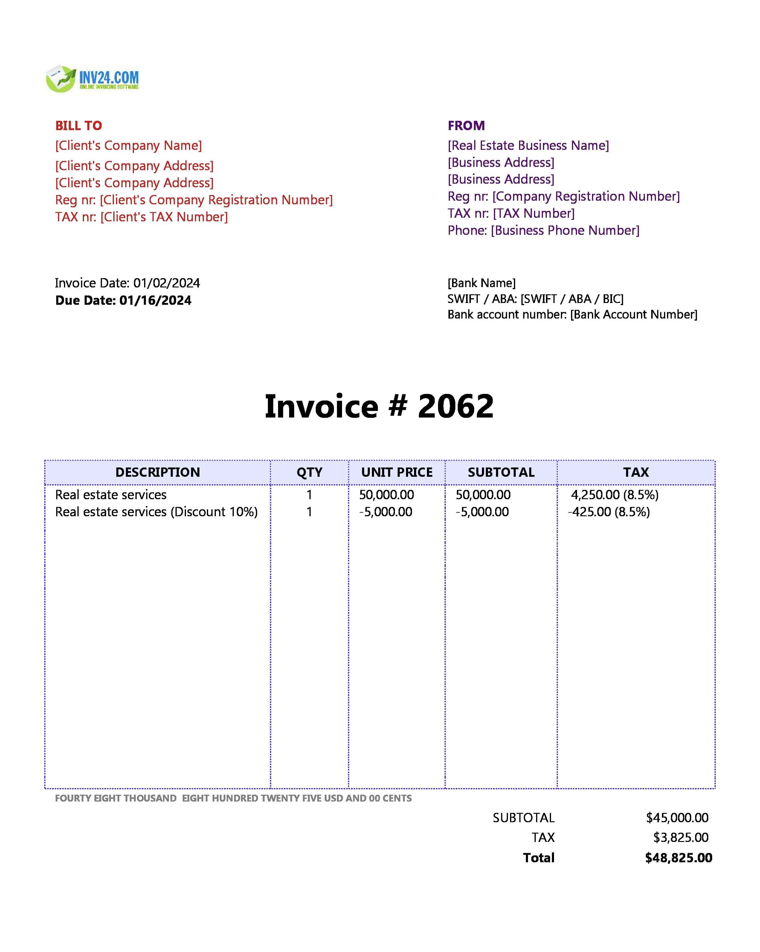 Real estate invoice template