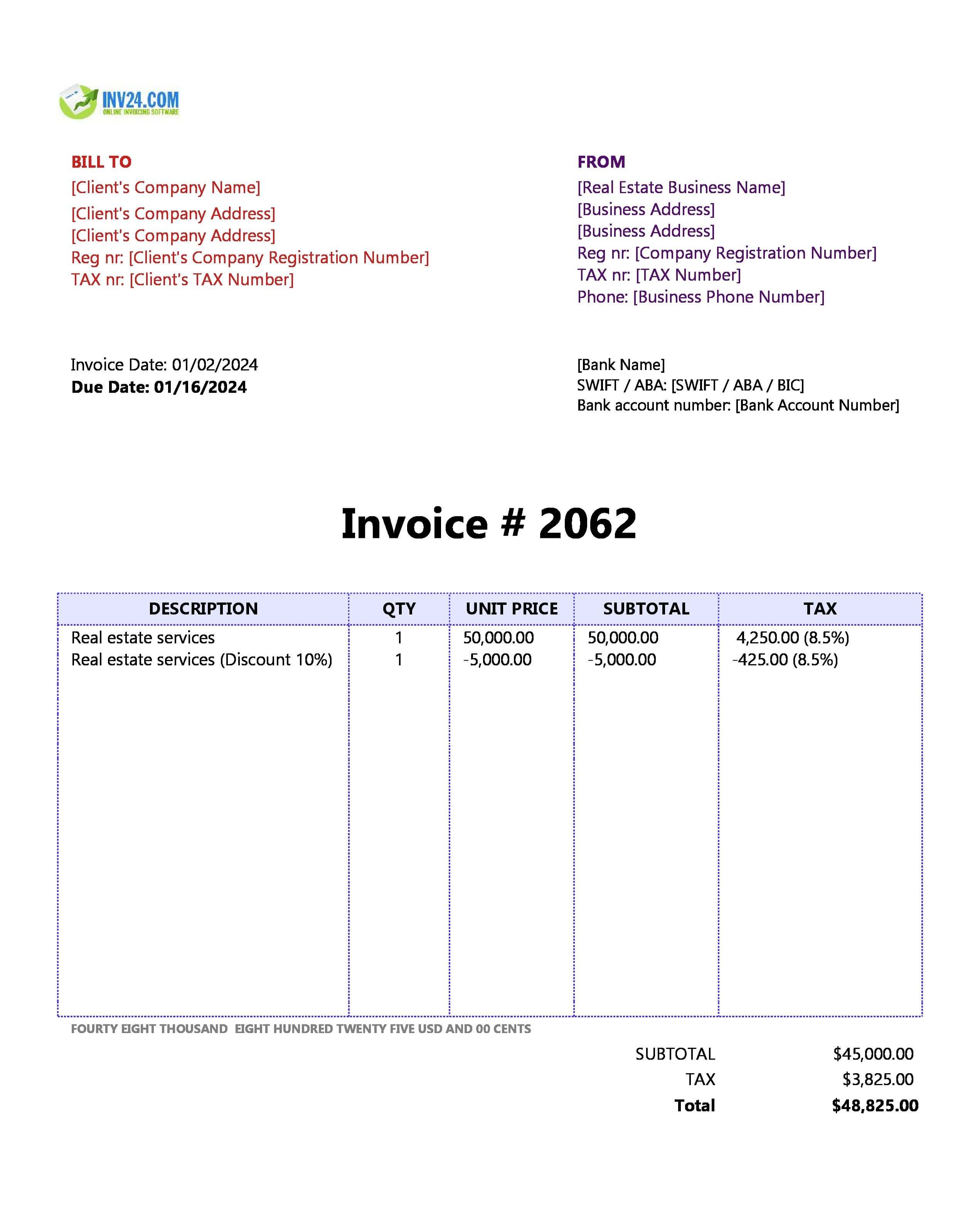 Real Estate Invoice Template (Excel / Google Sheets)