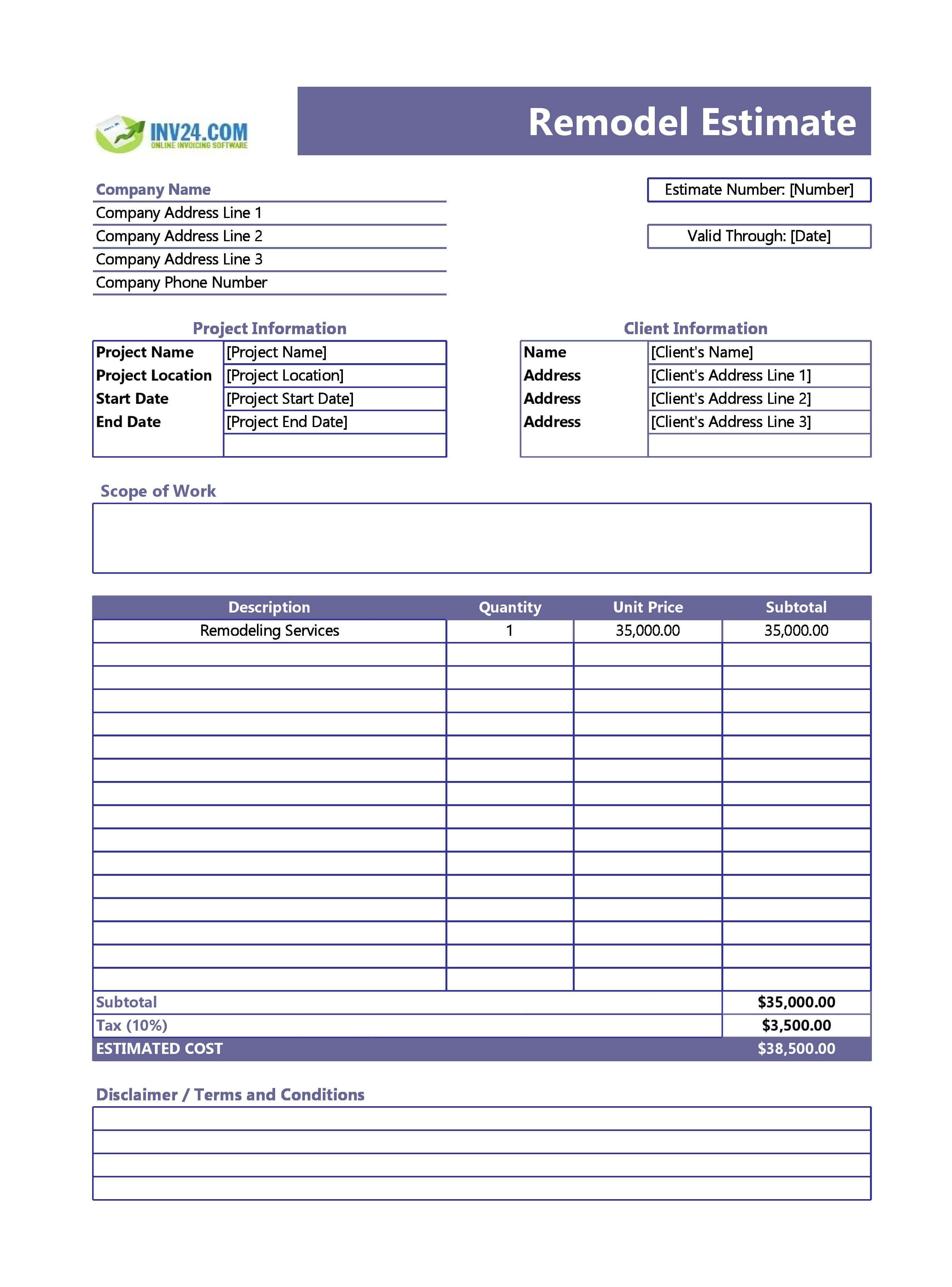 Remodel Estimate Template (Excel / Google Sheets)