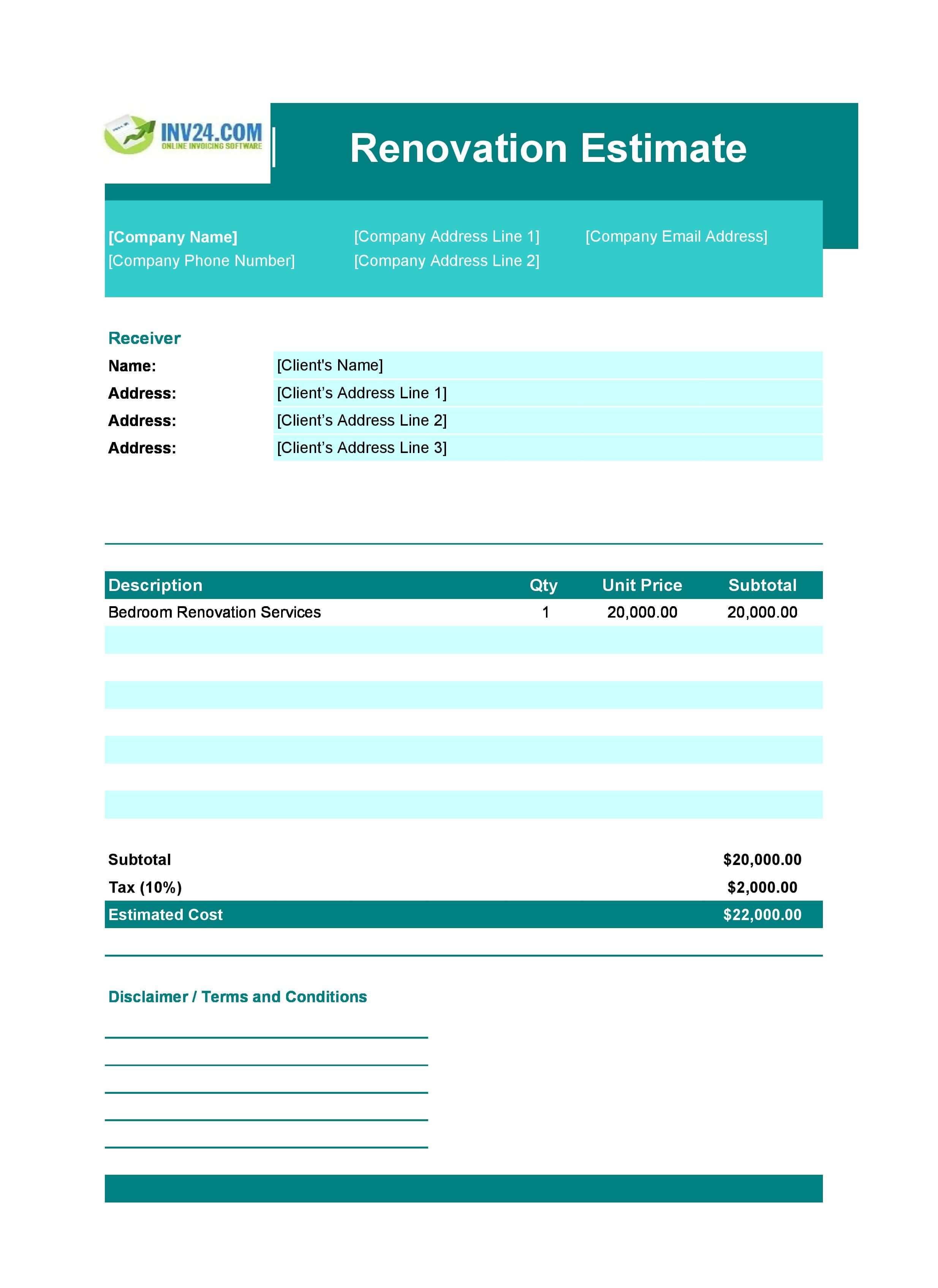 Renovation Estimate Template (Excel / Google Sheets) Renovation Estimate Template (Excel / Google Sheets)
