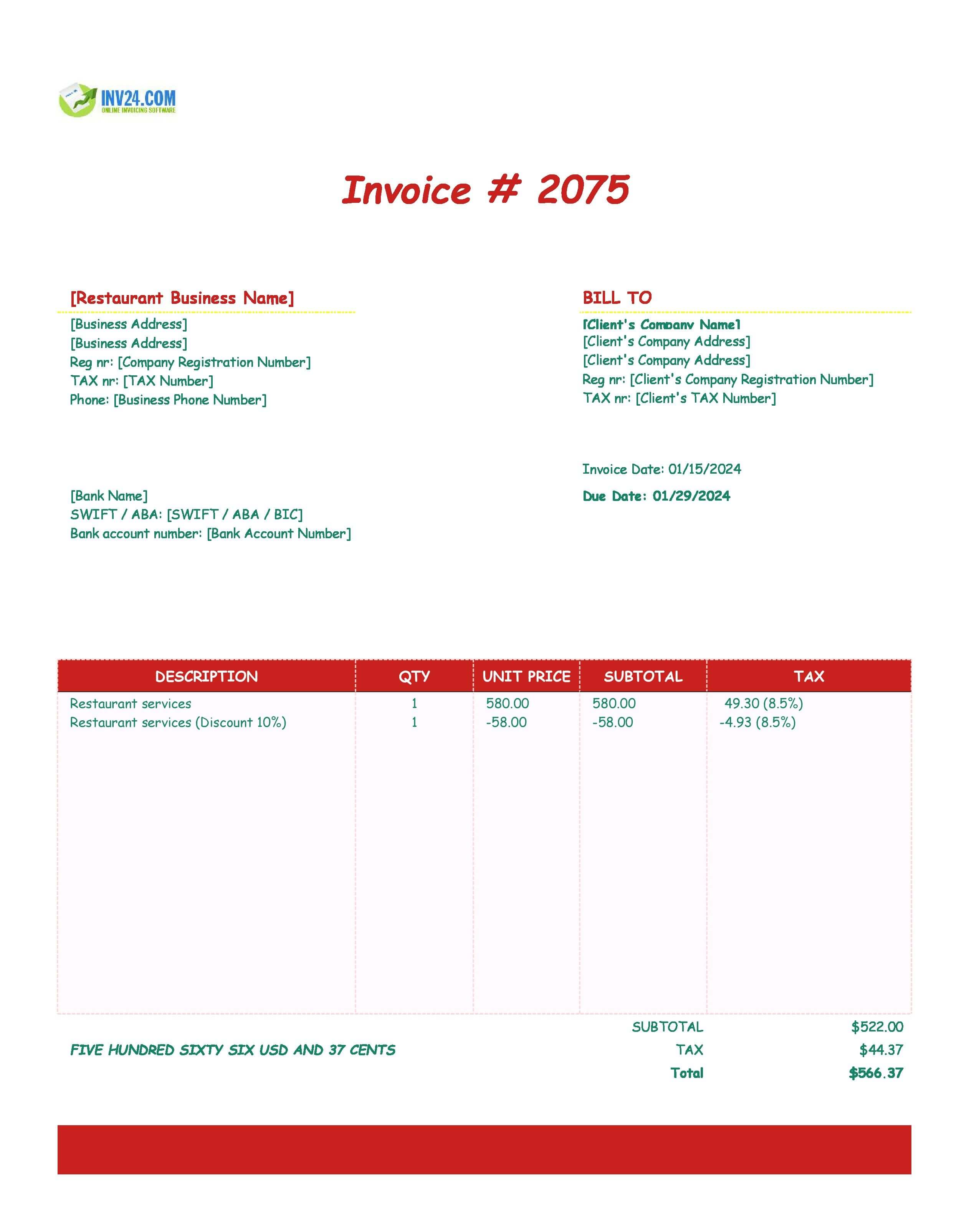 Restaurant invoice template