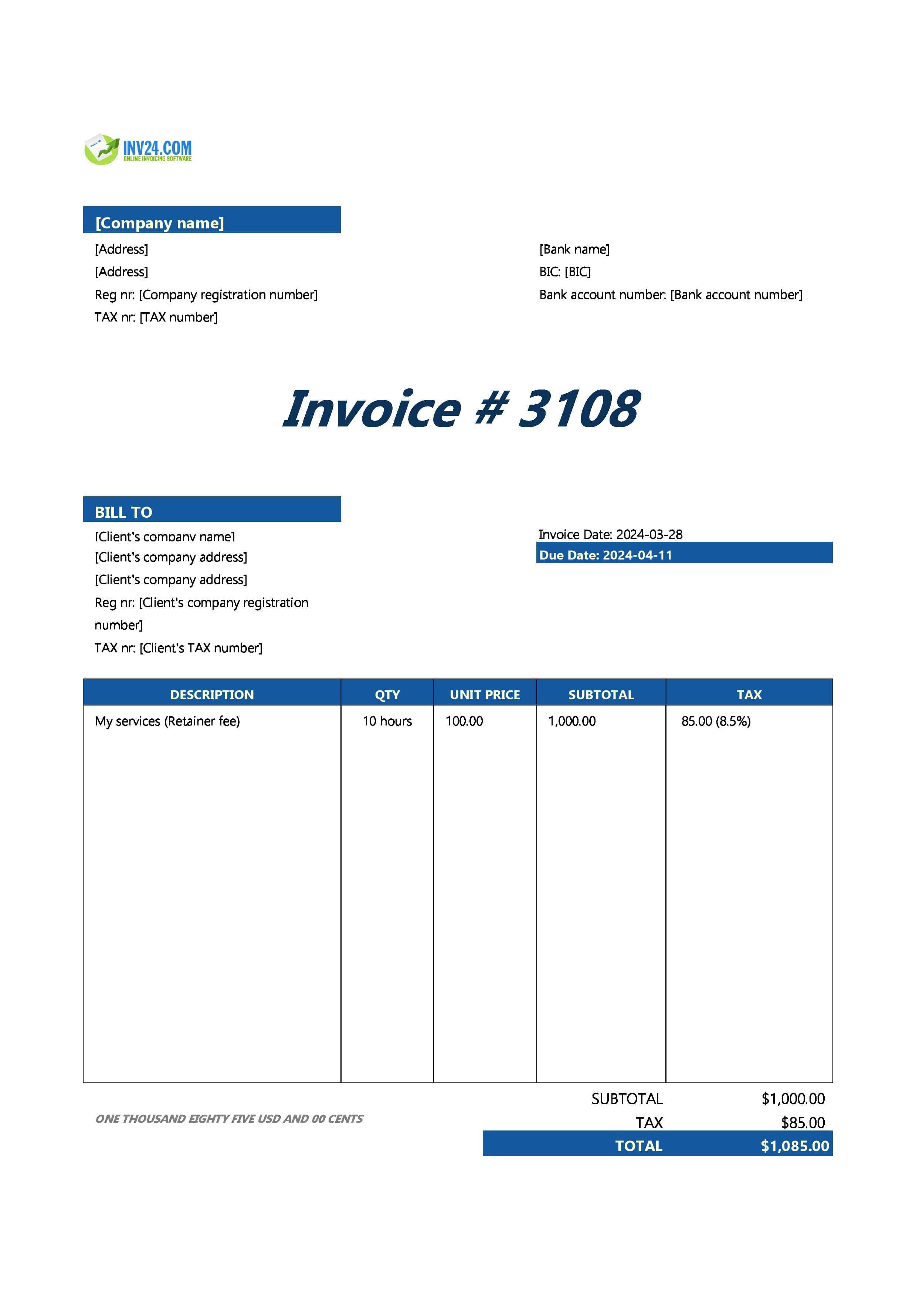 retainer invoice example