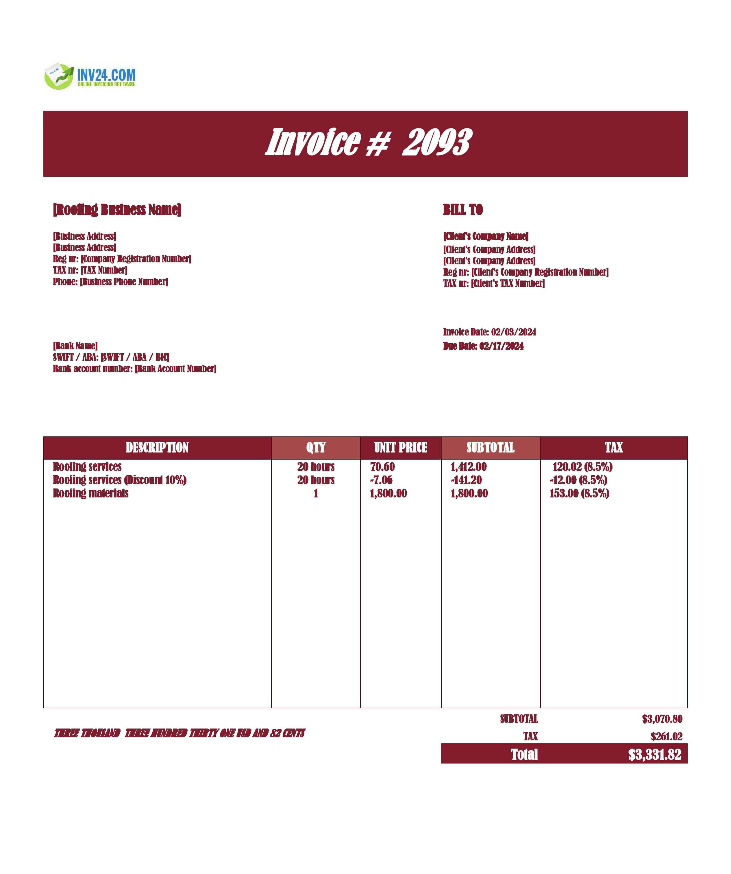Roofing invoice template