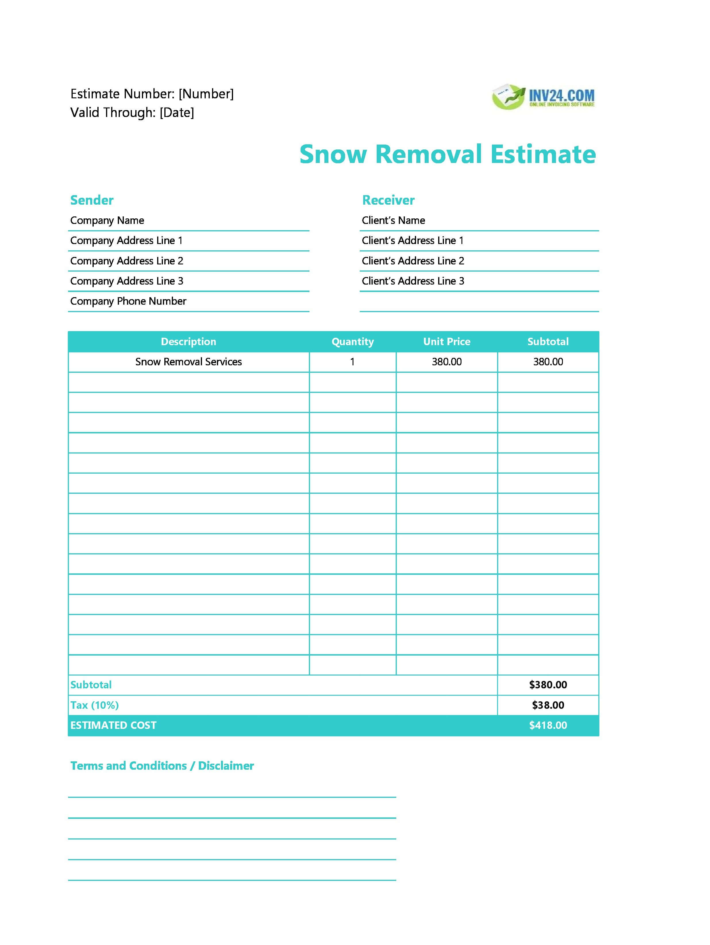 Snow Removal Estimate Template (Excel / Google Sheets)
