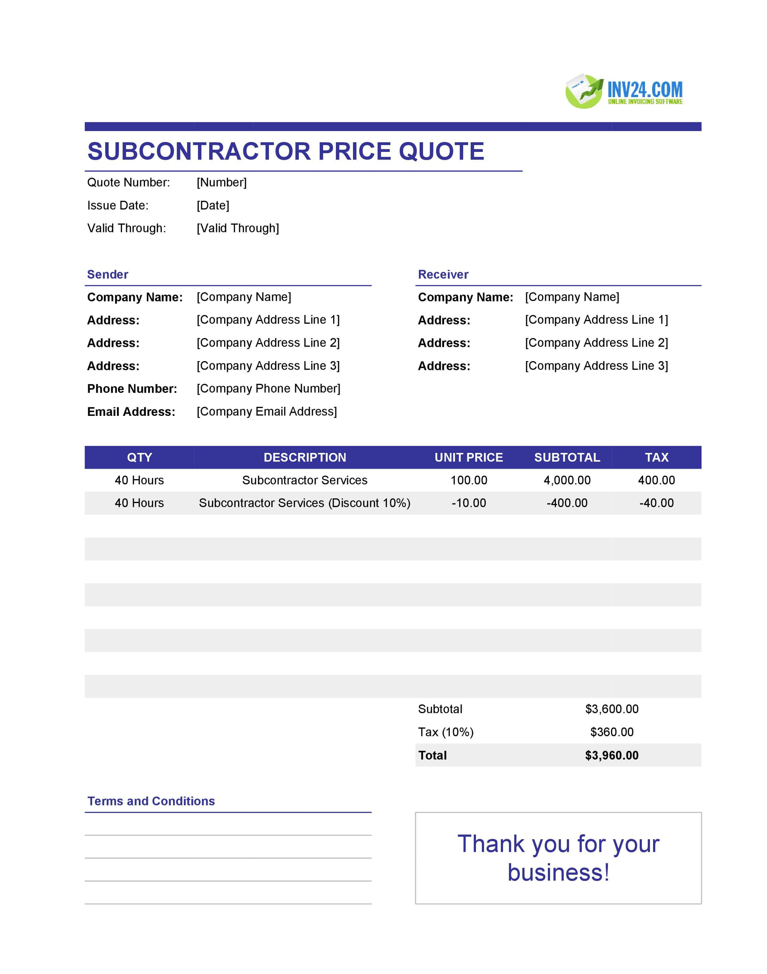 Subcontractor Quote Template (Excel / Google Sheets)