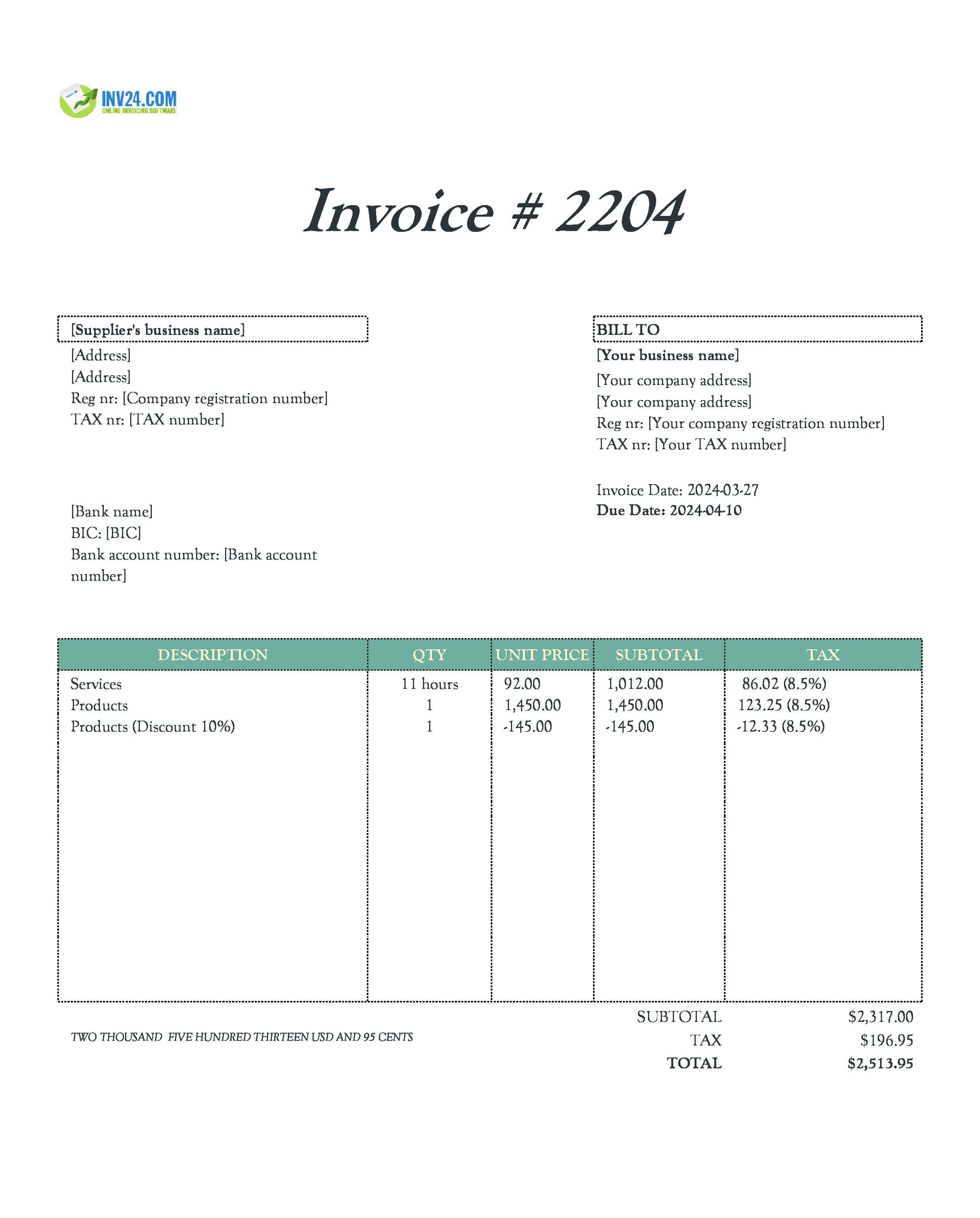 supplier invoice sample