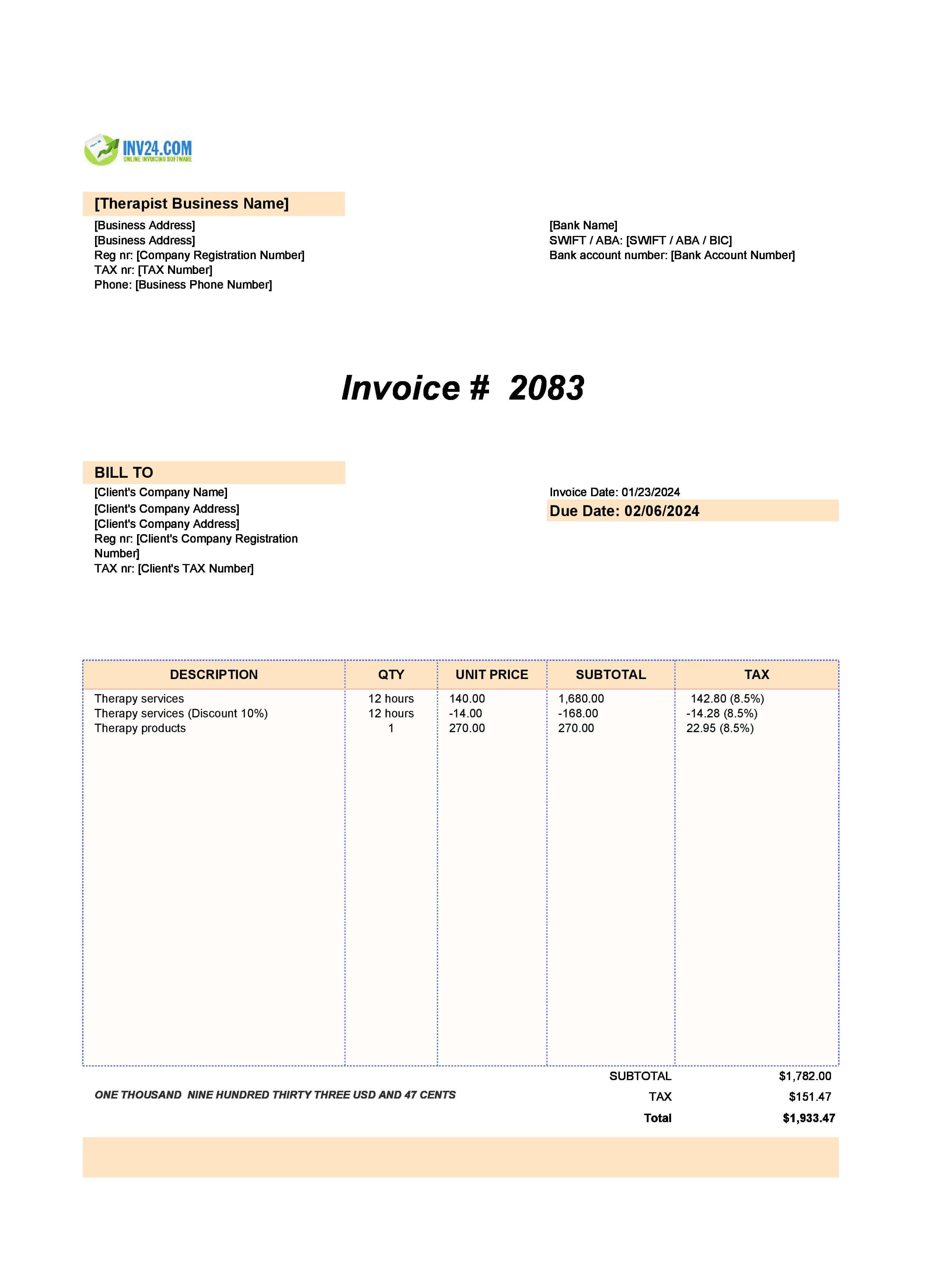Therapist Invoice Template (Excel / Google Sheets) Therapist Invoice Template (Excel / Google Sheets)