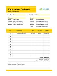 excavation estimate template excavation estimate template