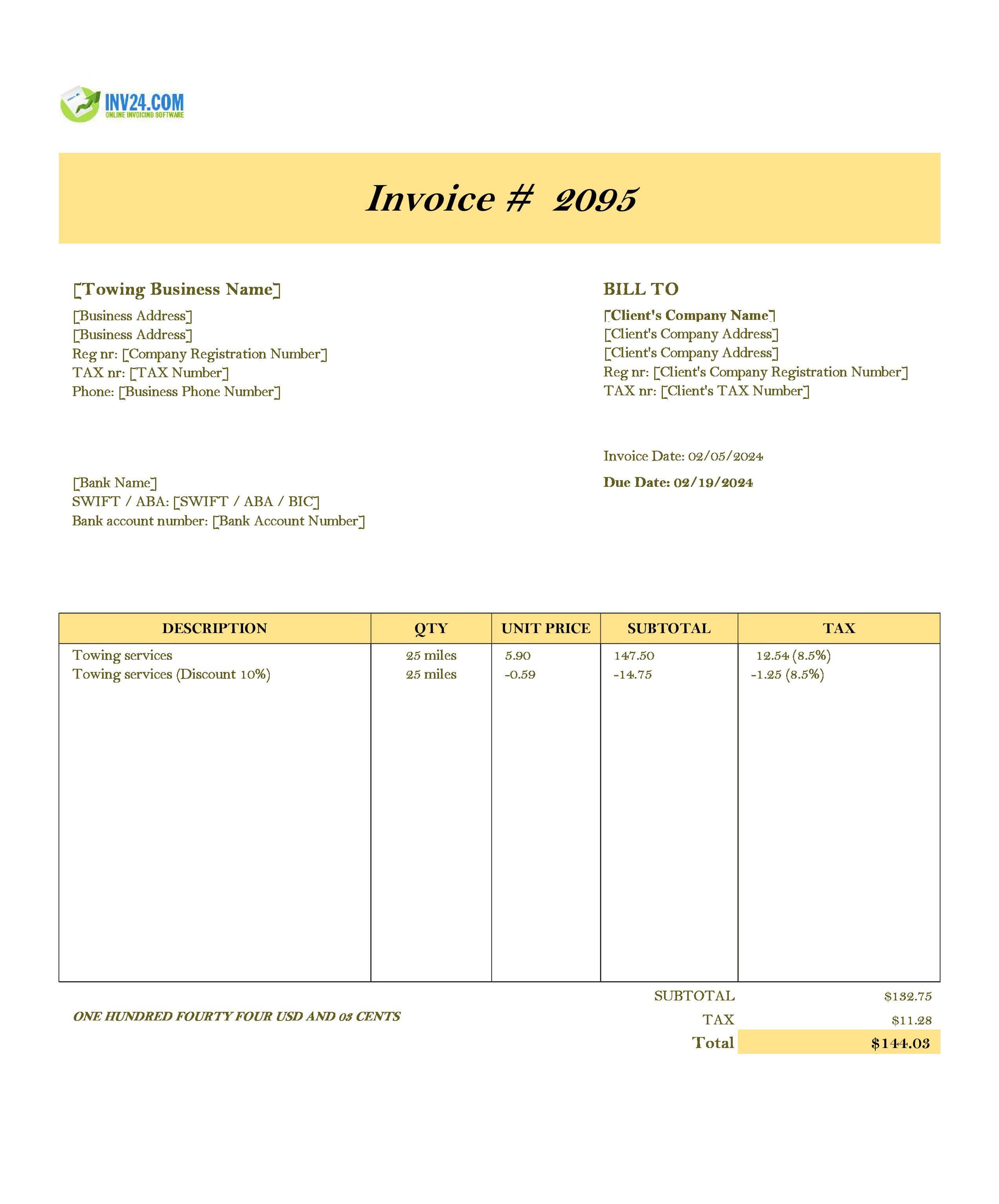 Towing invoice template