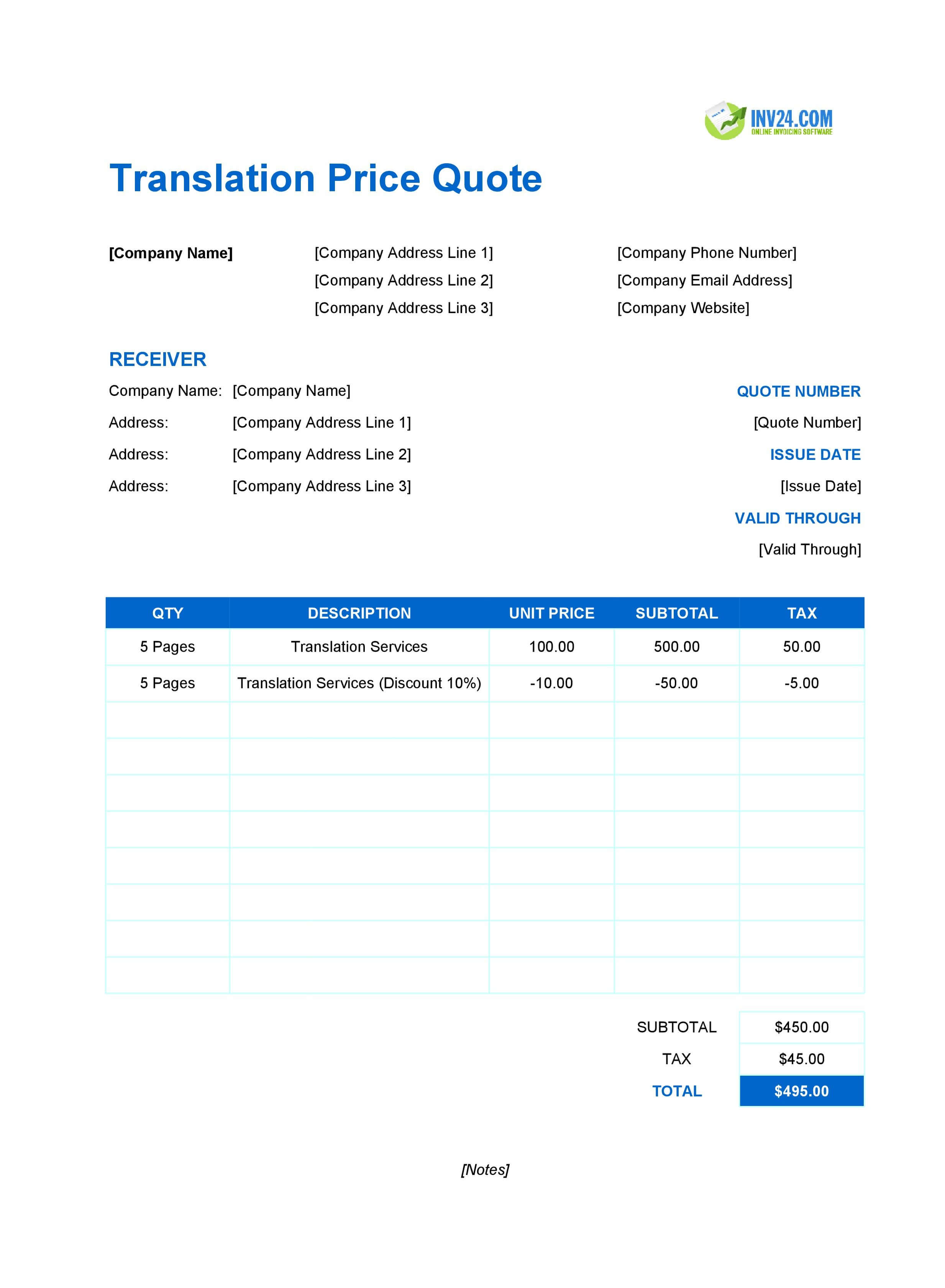 Translation Quote Template (Excel / Google Sheets)