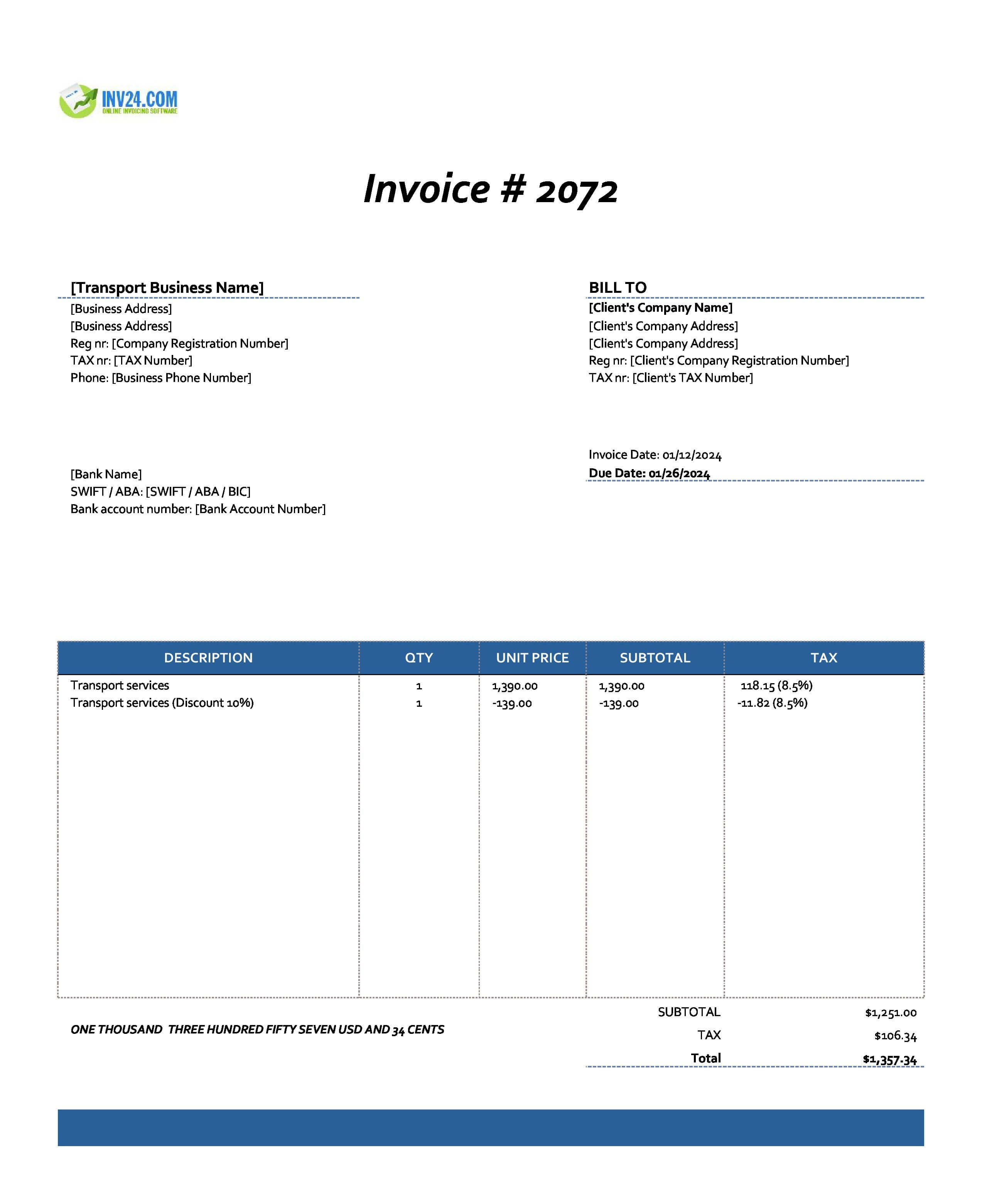 Transport Invoice Template (Excel / Google Sheets) Transport Invoice Template (Excel / Google Sheets)