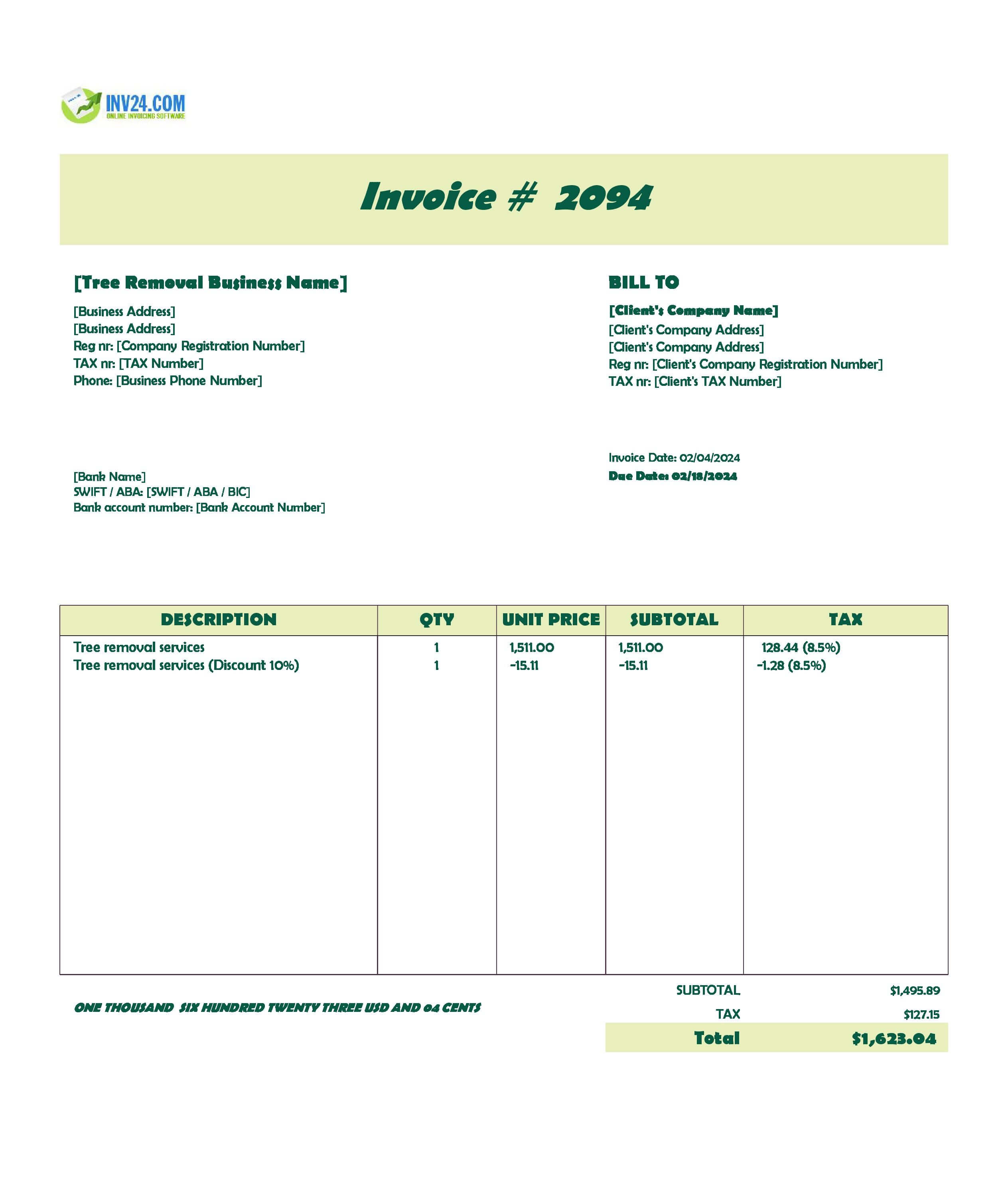 Tree Removal Service Invoice Template (Excel / Google Sheets) Tree Removal Service Invoice Template (Excel / Google Sheets)