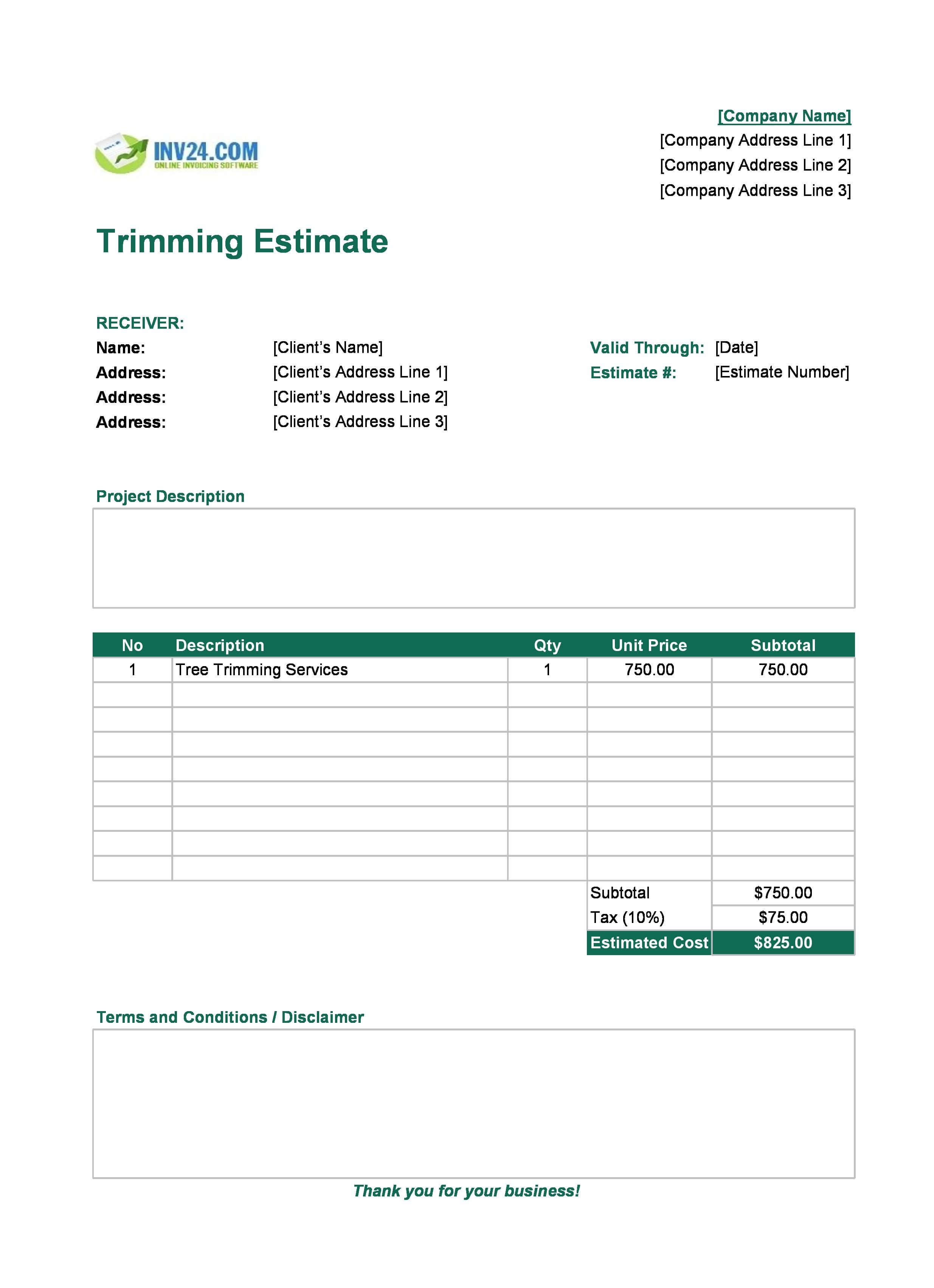 Trimming Estimate Template (Excel / Google Sheets)