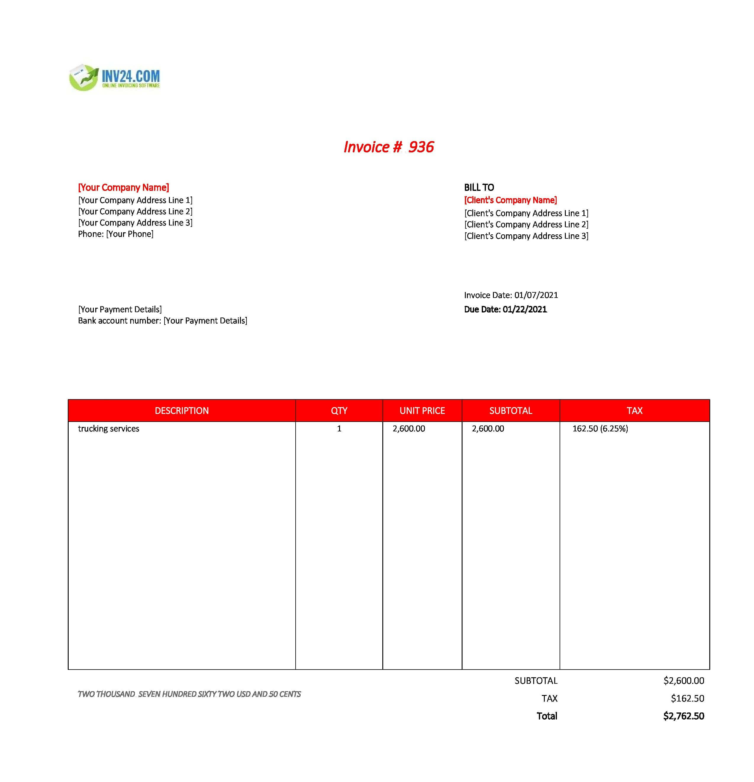 Trucking invoice template
