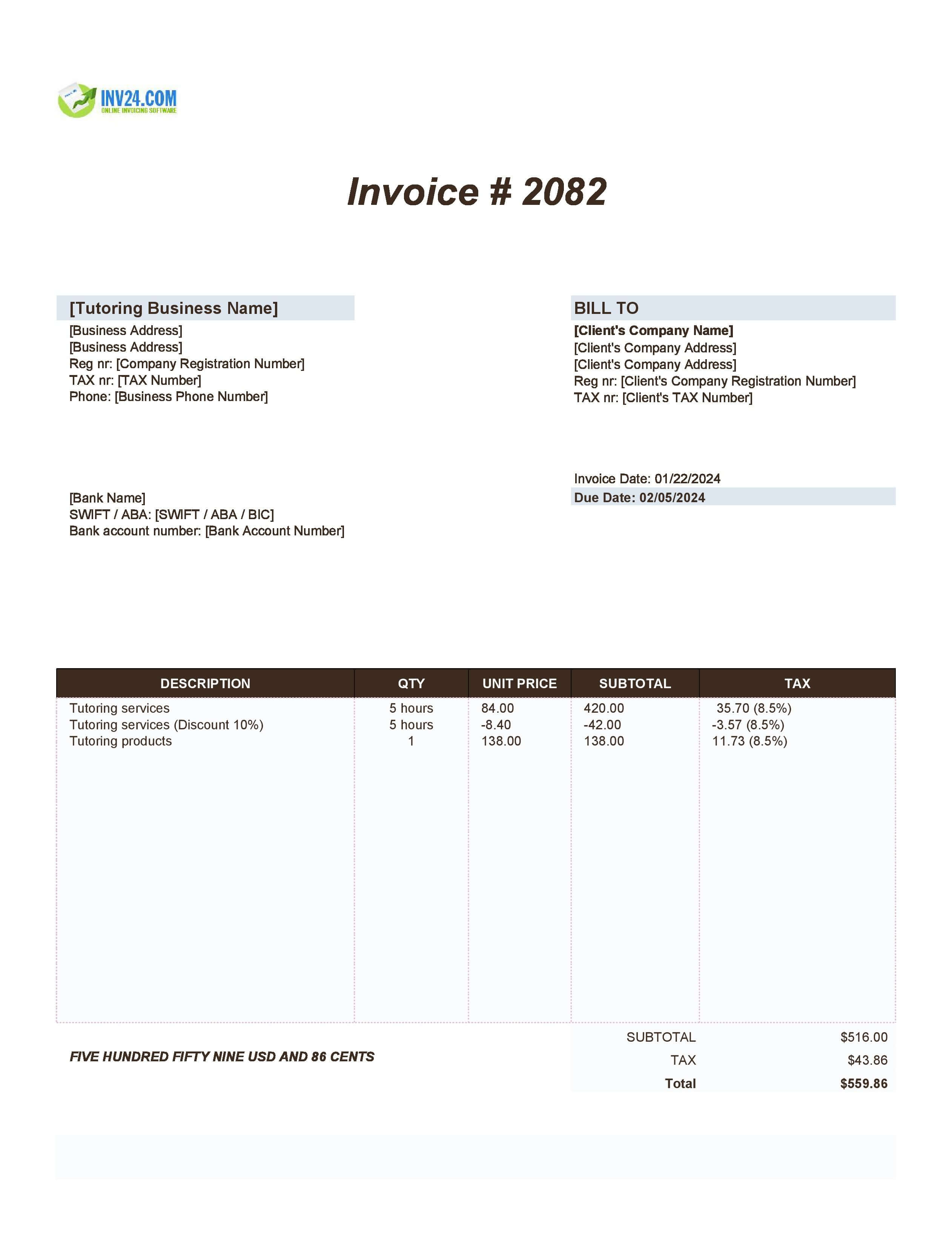 Tutoring Invoice Template (Excel / Google Sheets)