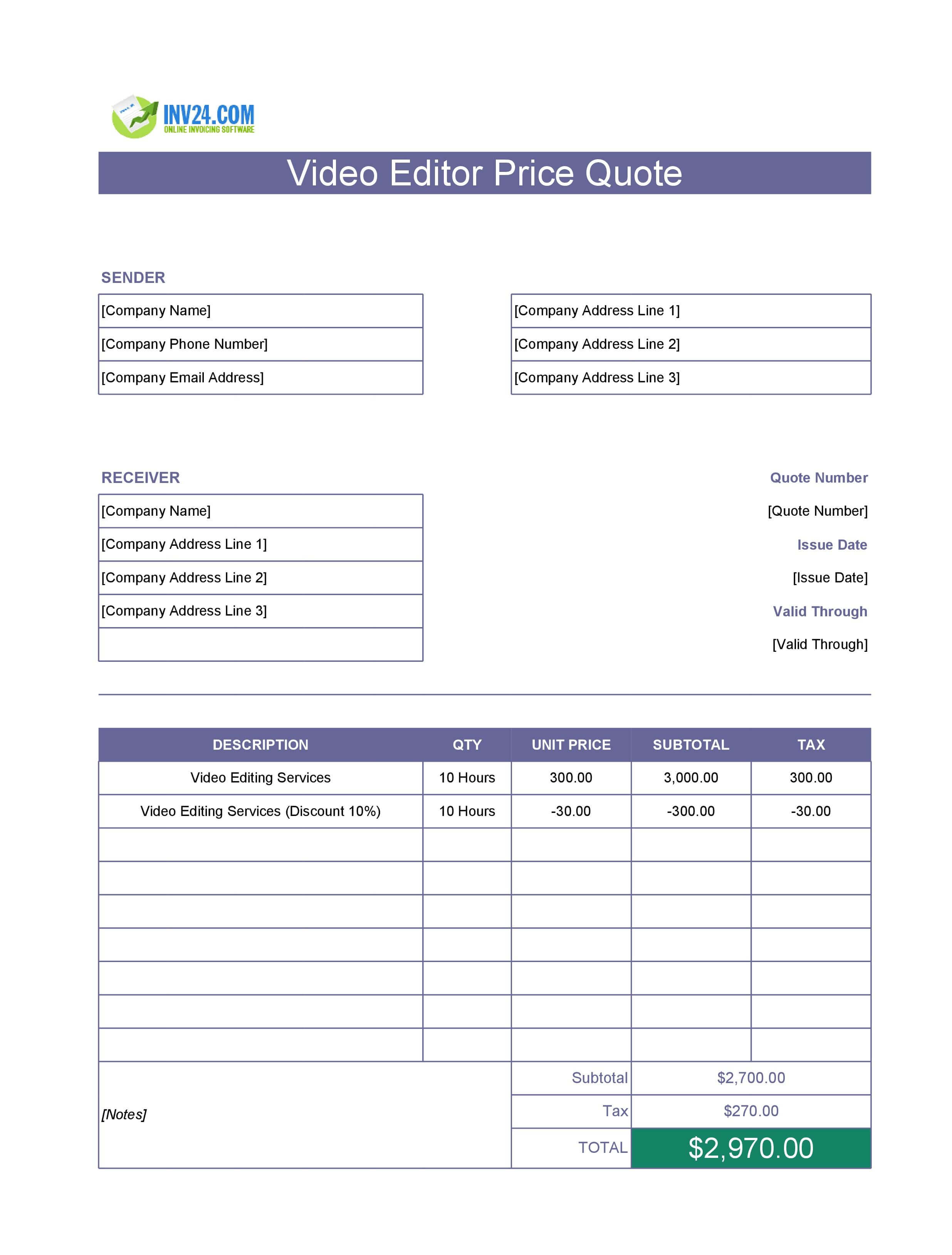 Video Editor Quote Template (Excel / Google Sheets)
