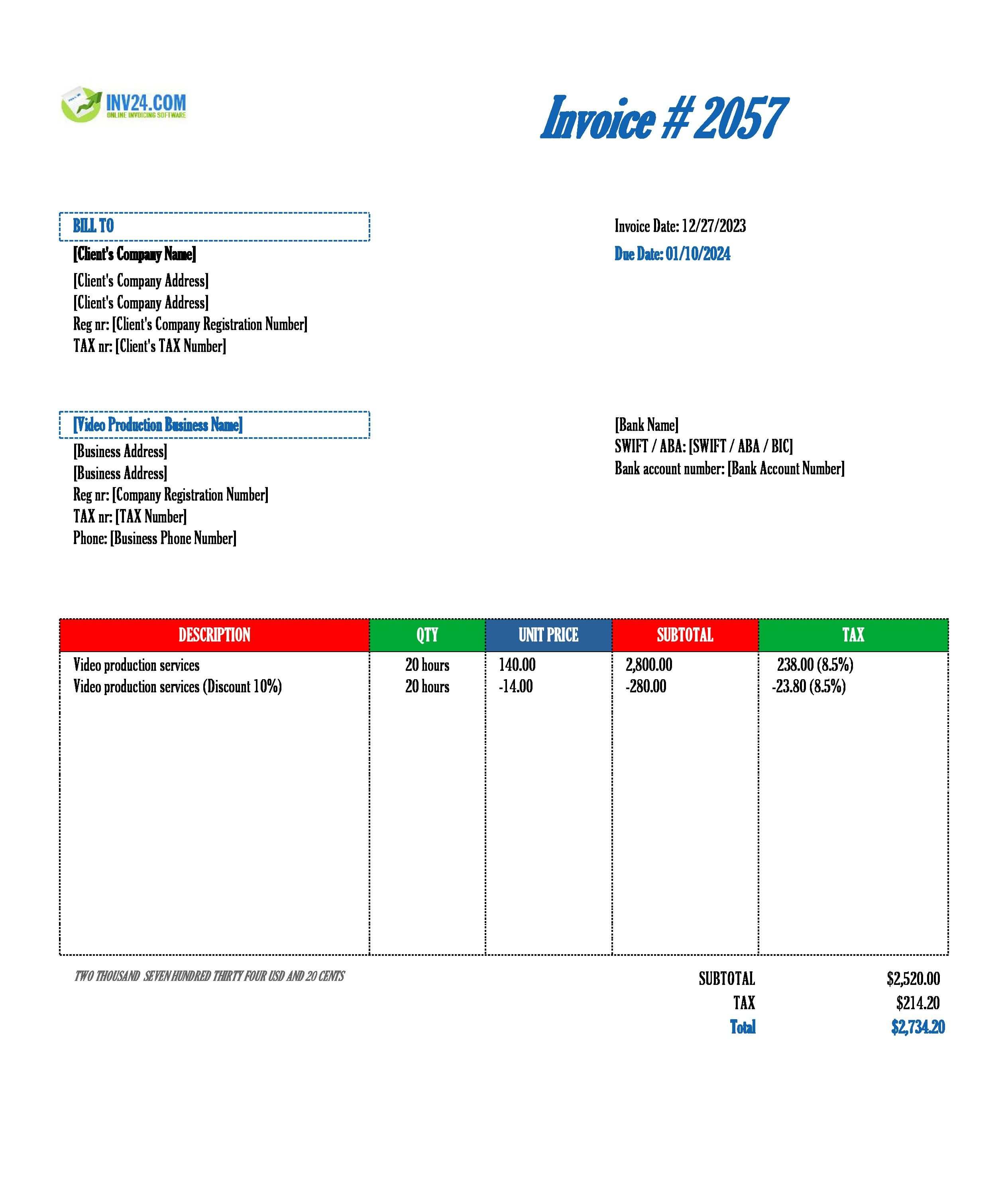Video production invoice template