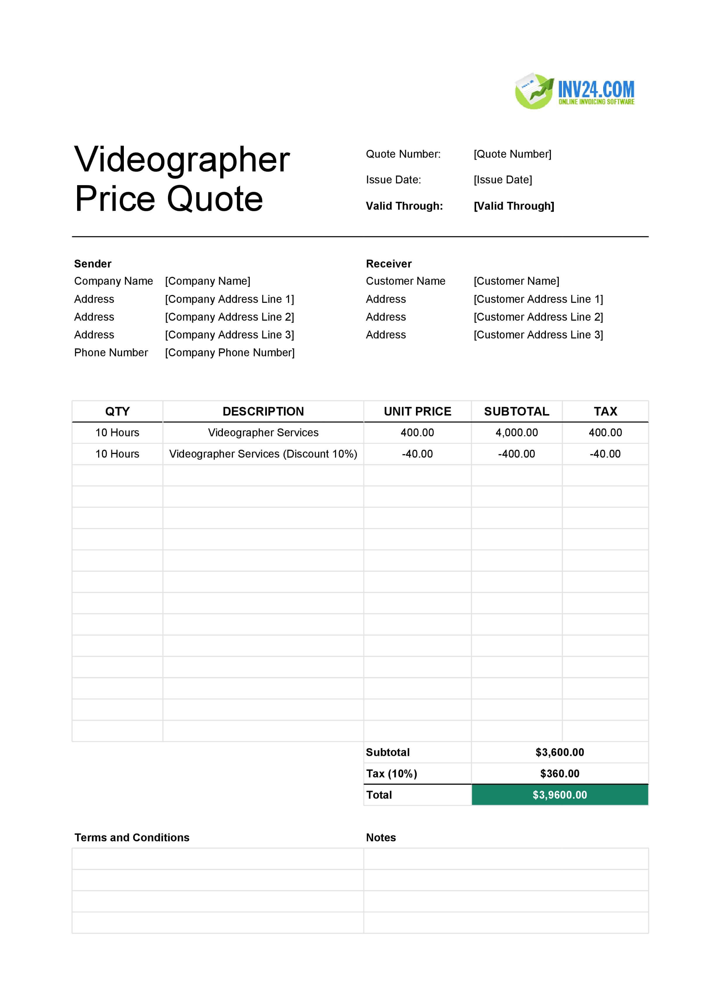 Videographer Quote Template (Excel / Google Sheets)