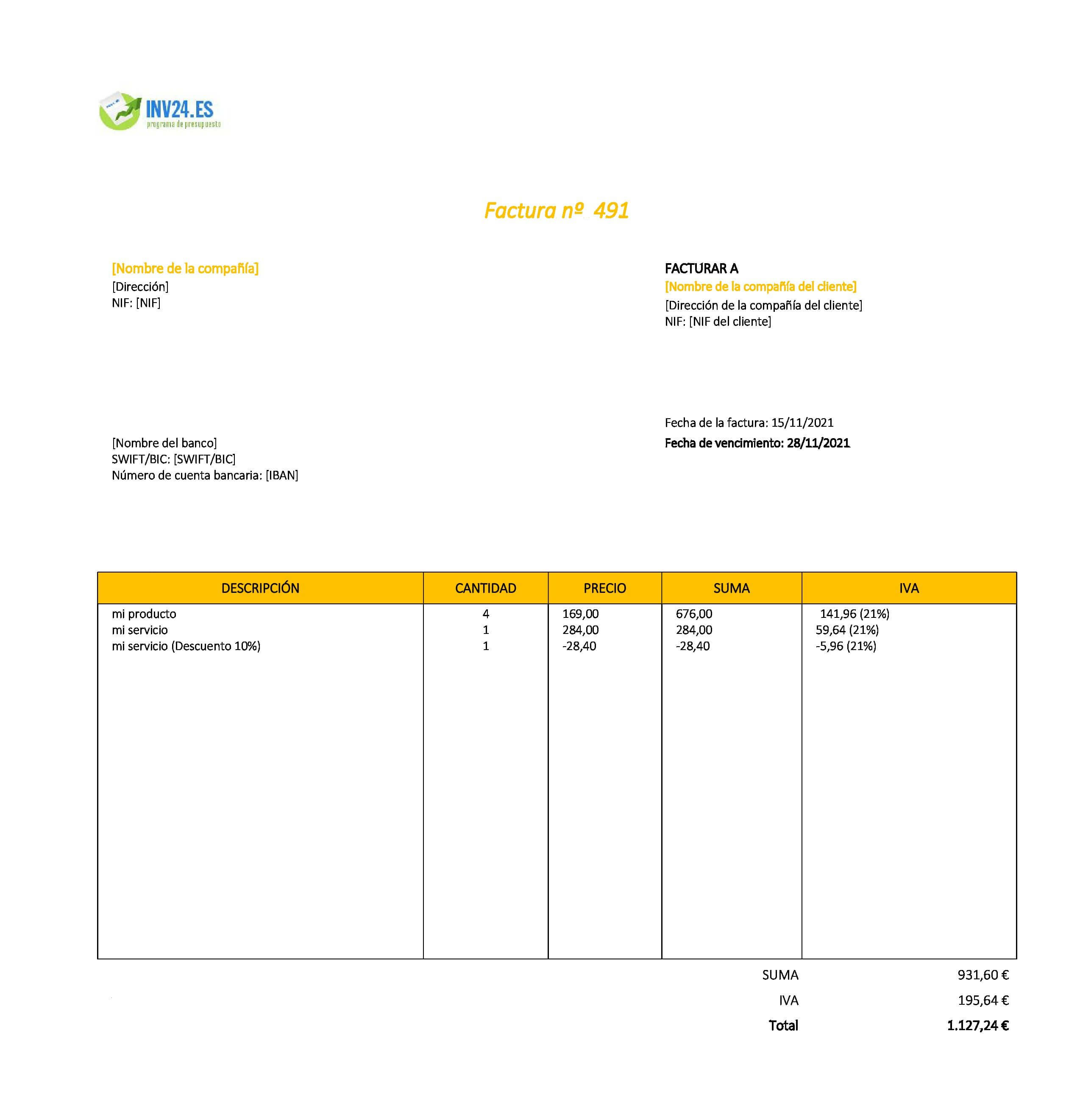 ejemplo de factura con descuento (Excel / Google Sheets) ejemplo de factura con descuento (Excel / Google Sheets)