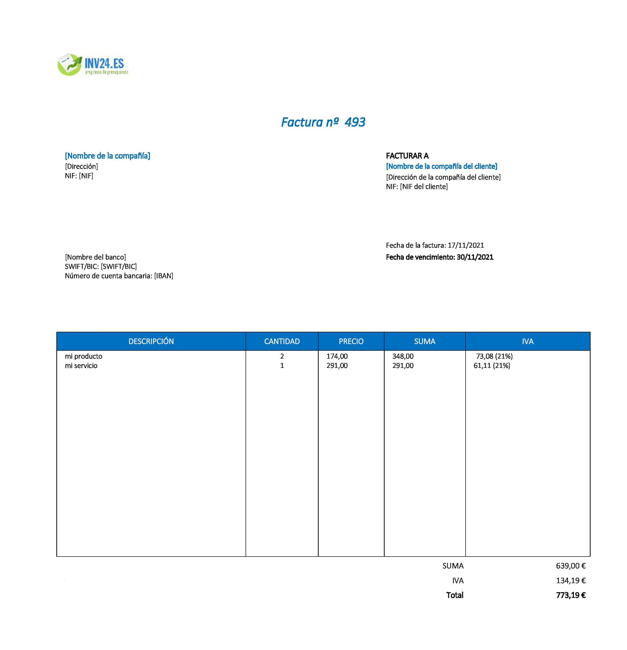 modelo de factura en blanco xls (Excel / Google Sheets)