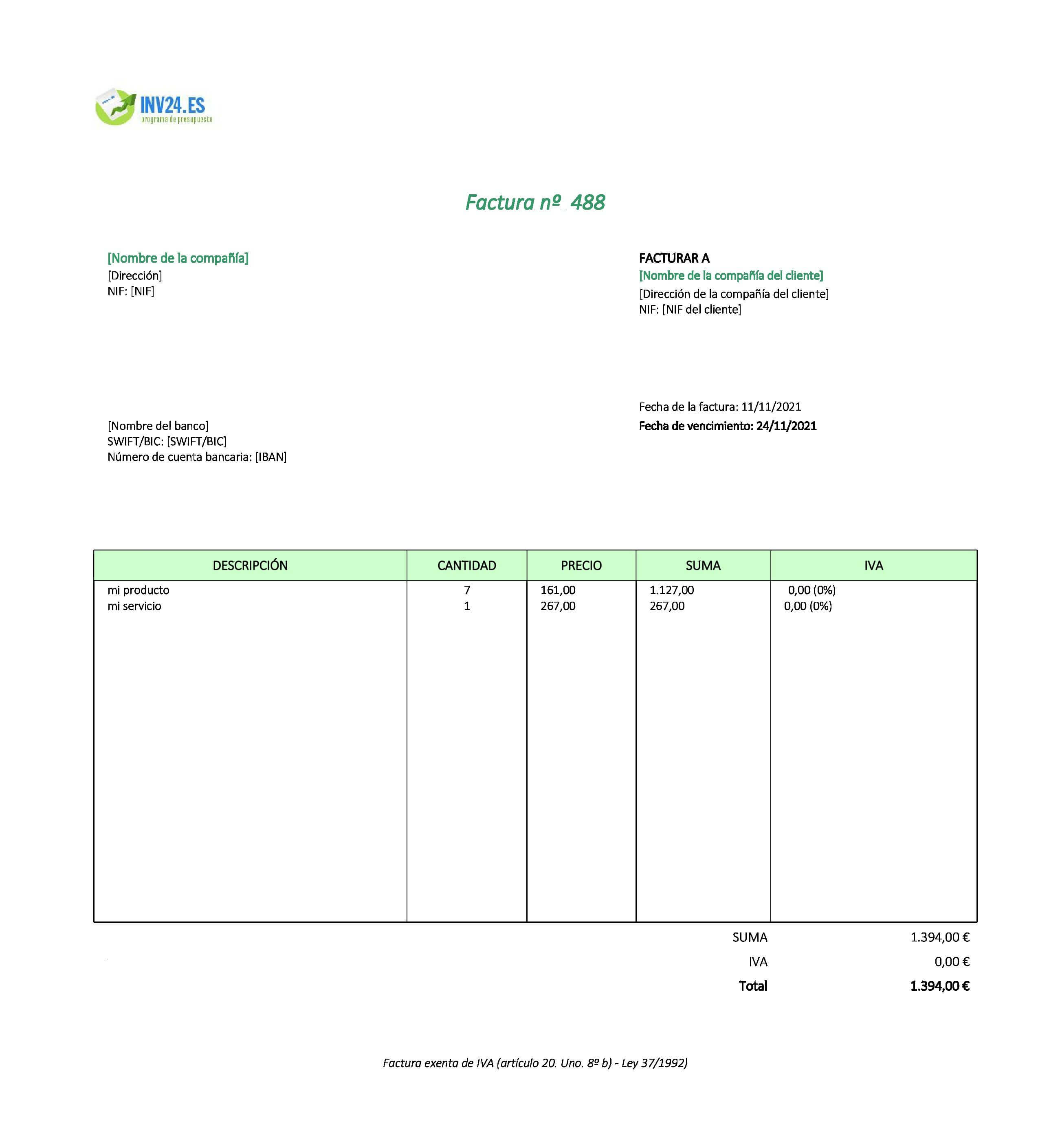 modelo de factura sin IVA xls