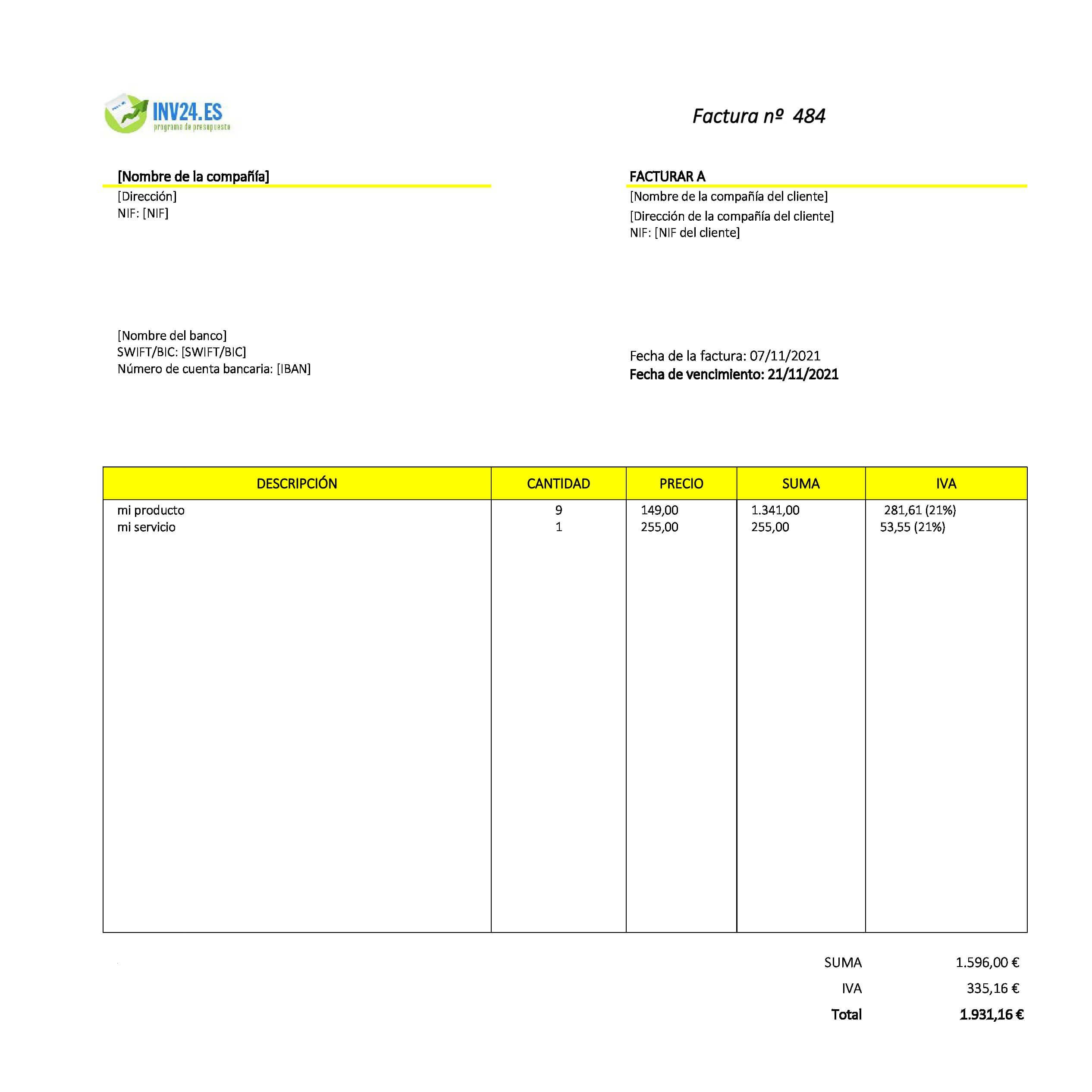 plantilla de factura IVA 21