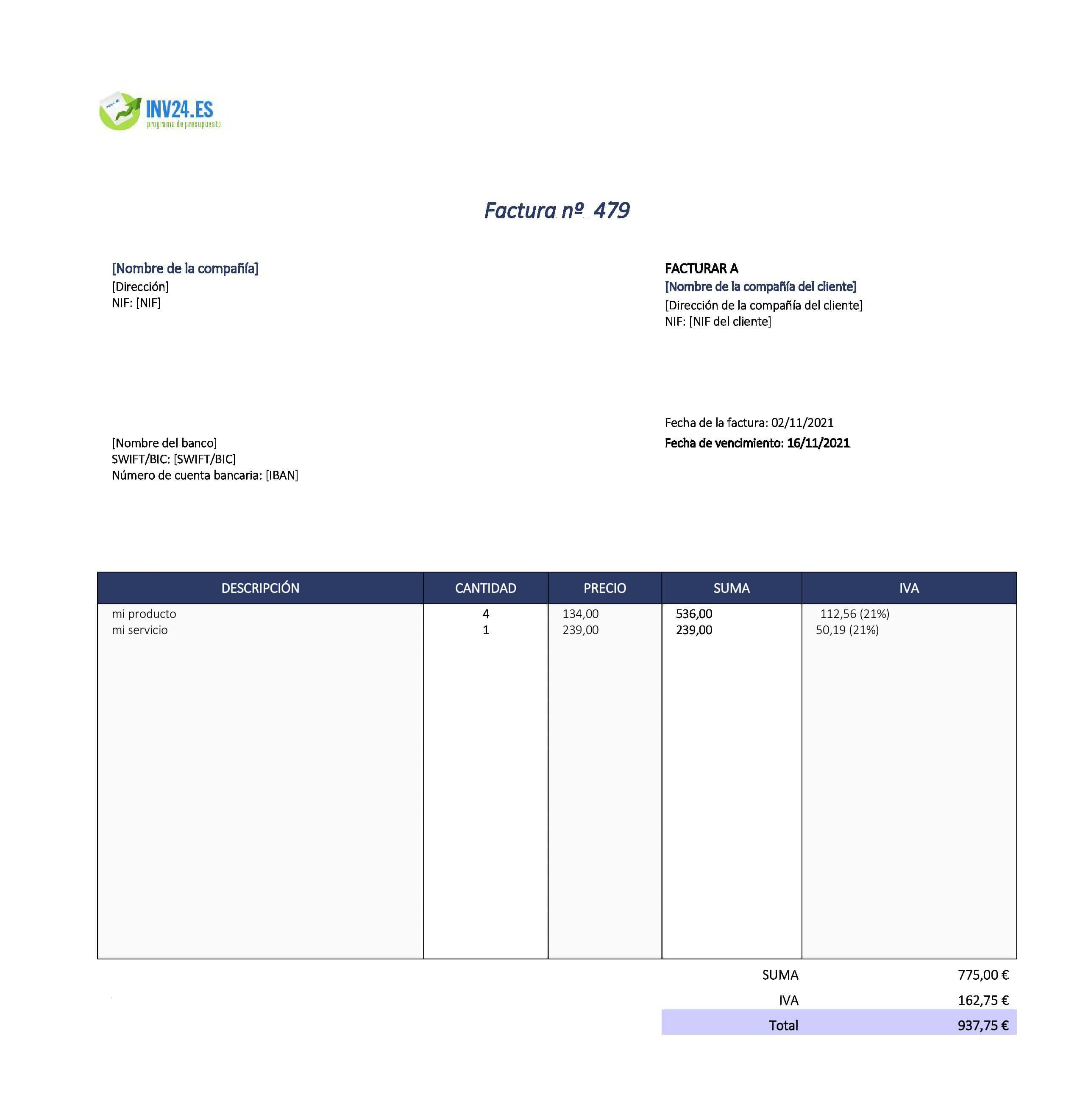 plantilla de factura para rellenar xls (Excel / Google Sheets)