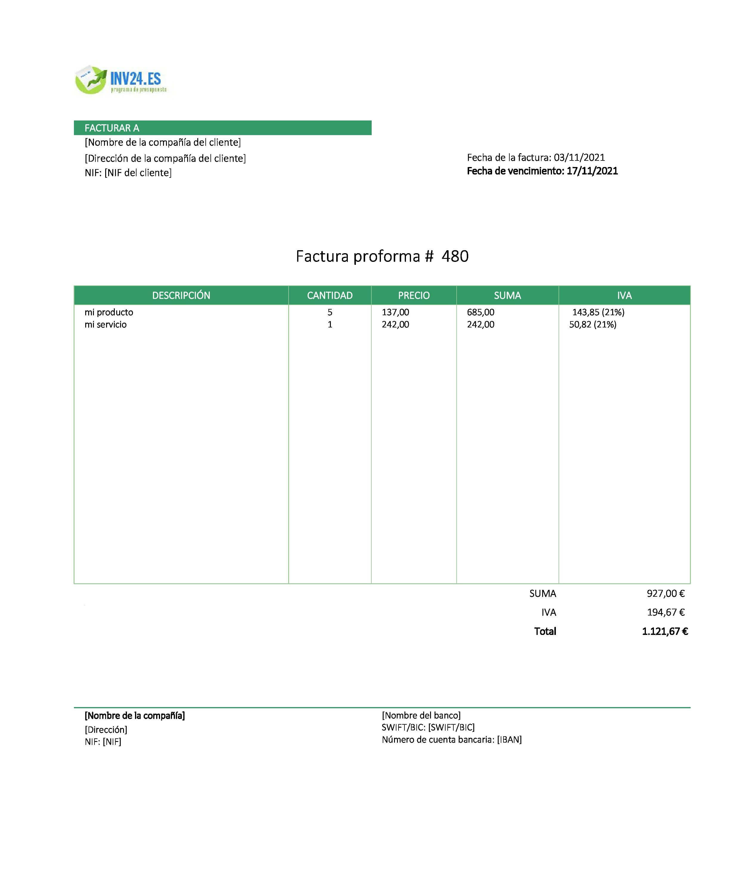 plantilla de factura proforma xls