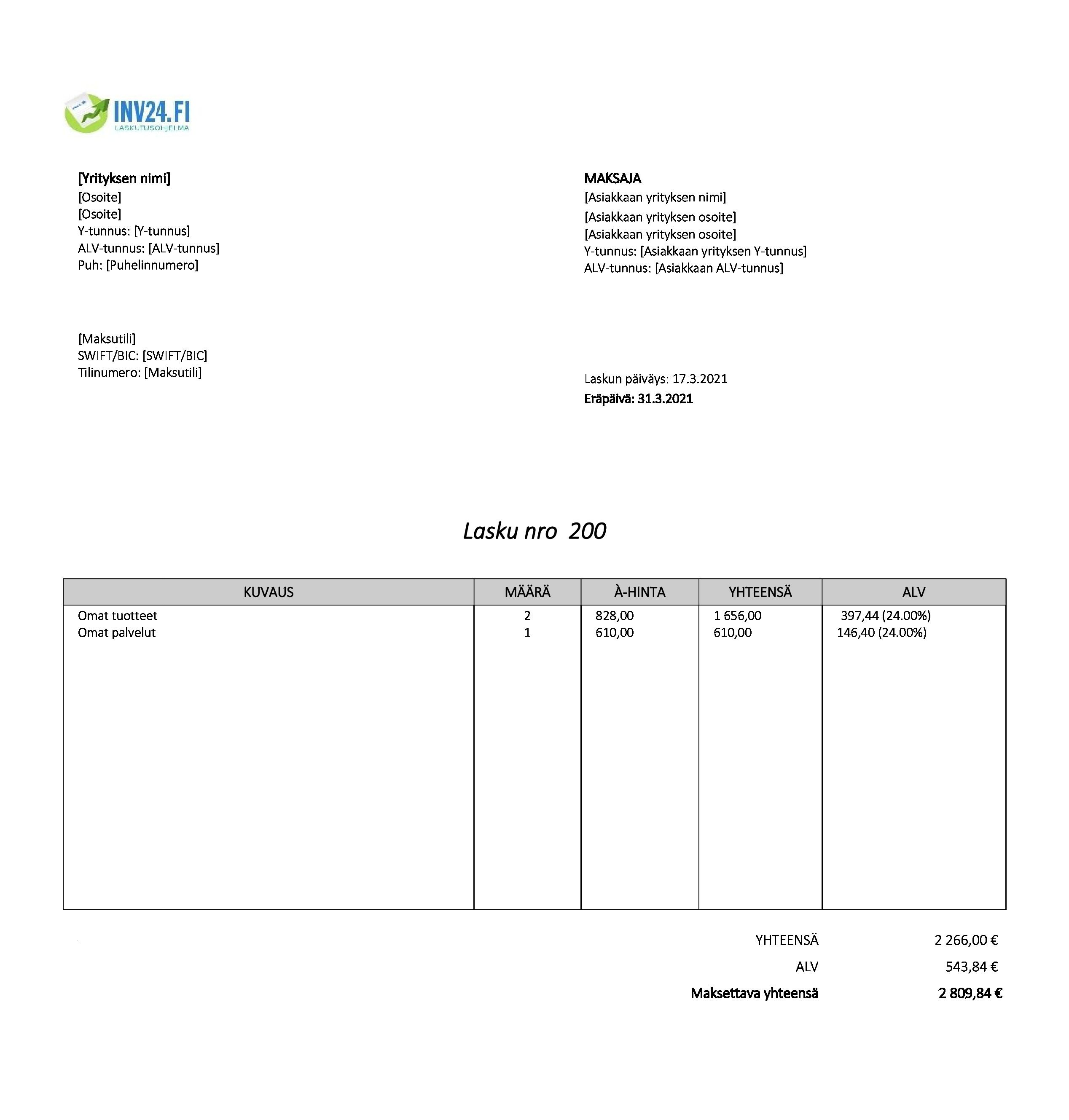 Laskun esimerkki (Excel / Google Sheets)