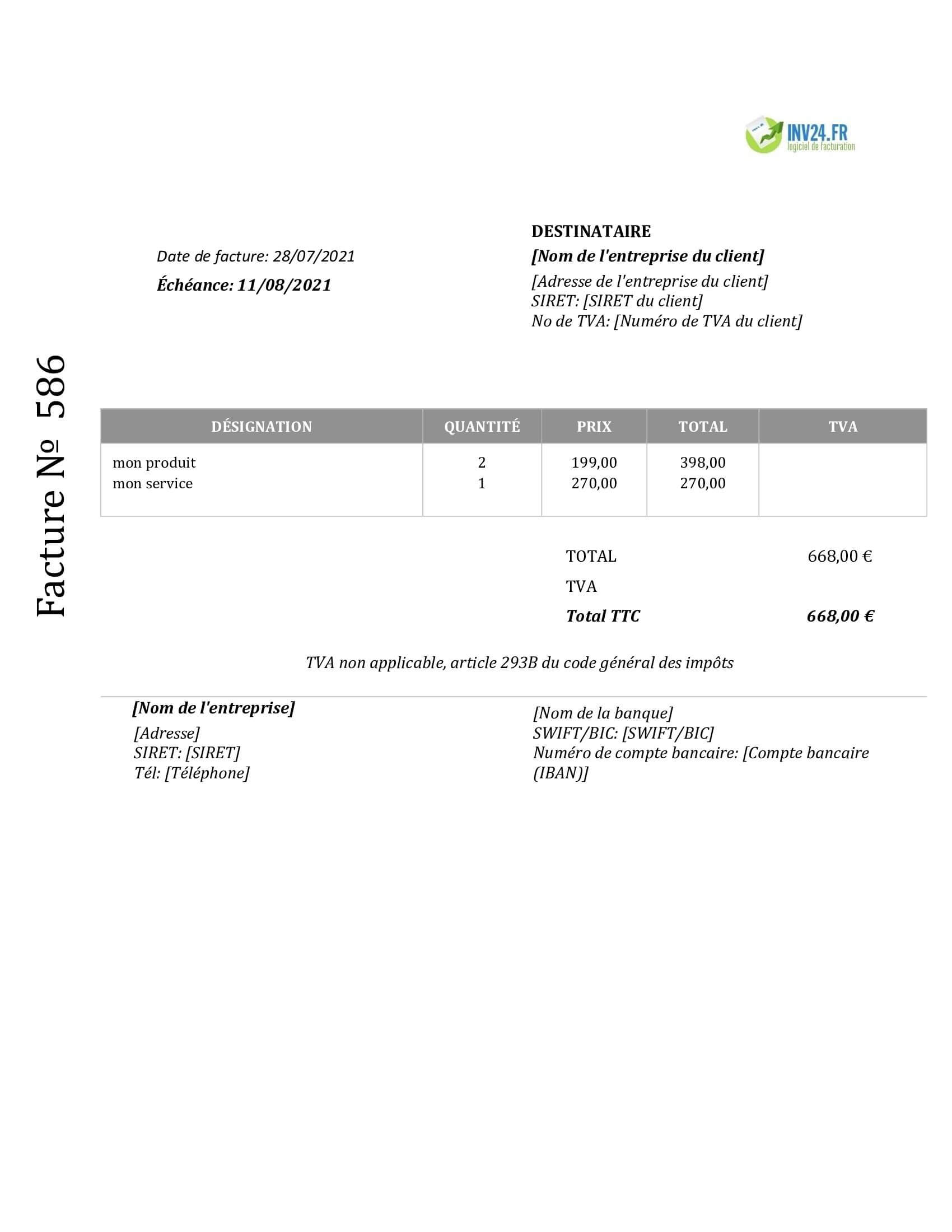 Facture non assujetti TVA modèle (Word / Google Docs)