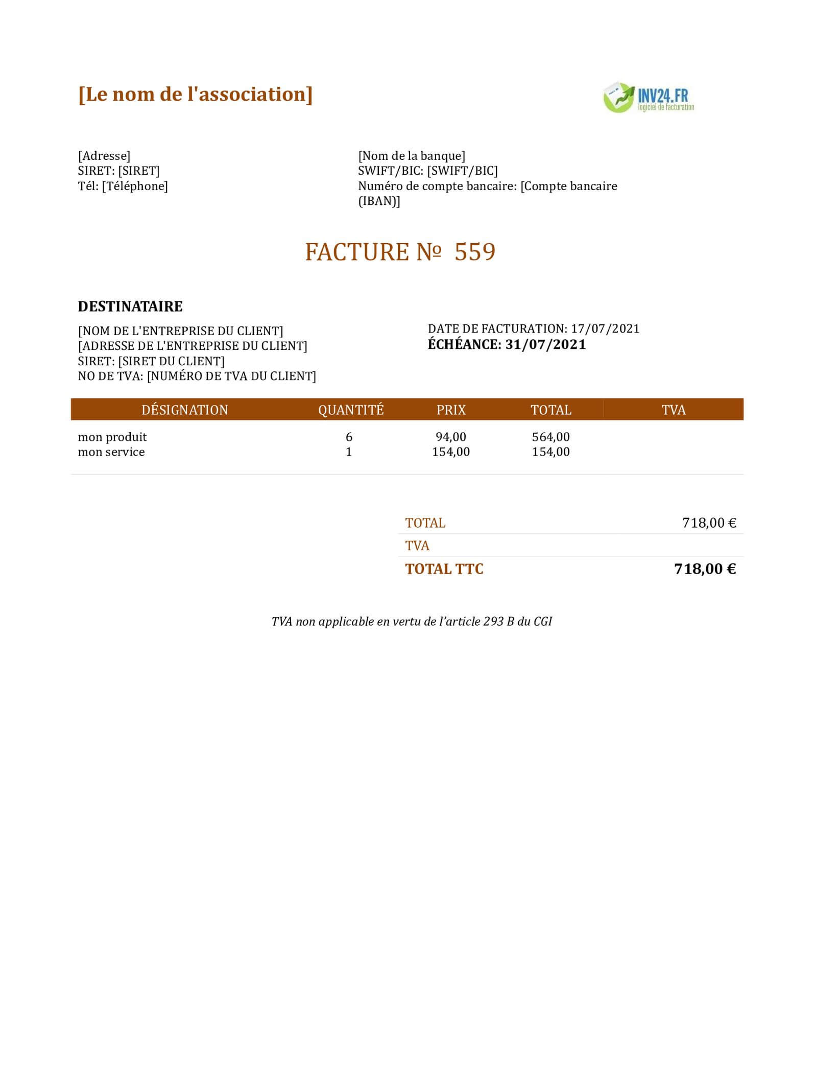 Modèle Facture Association Loi 1901 Sans Tva Excel