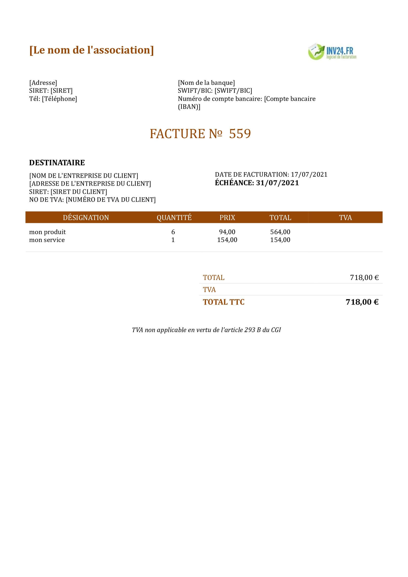 modèle de facture d'association loi 1901 sans TVA modèle de facture d'association loi 1901 sans TVA