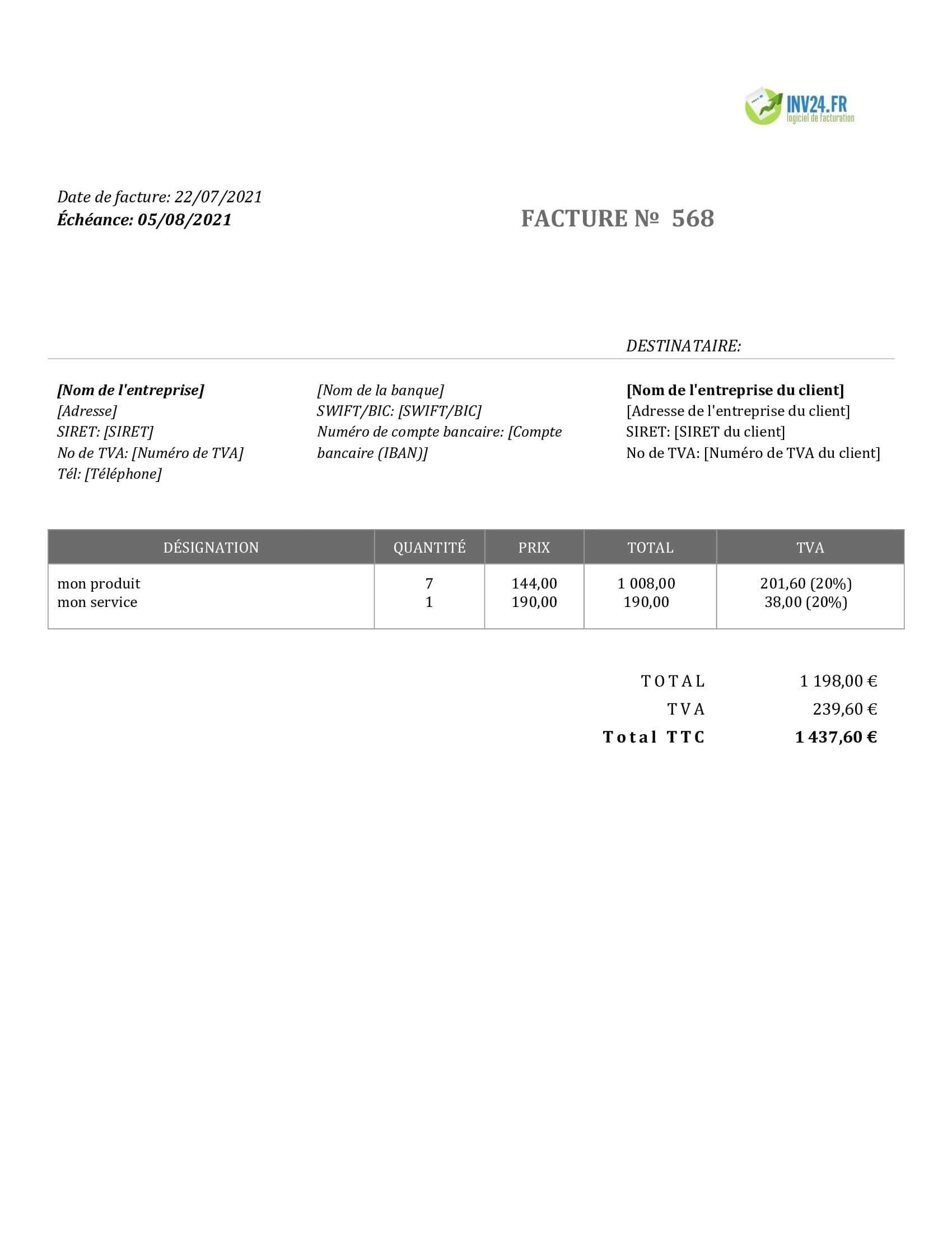 modèle de facture avec TVA