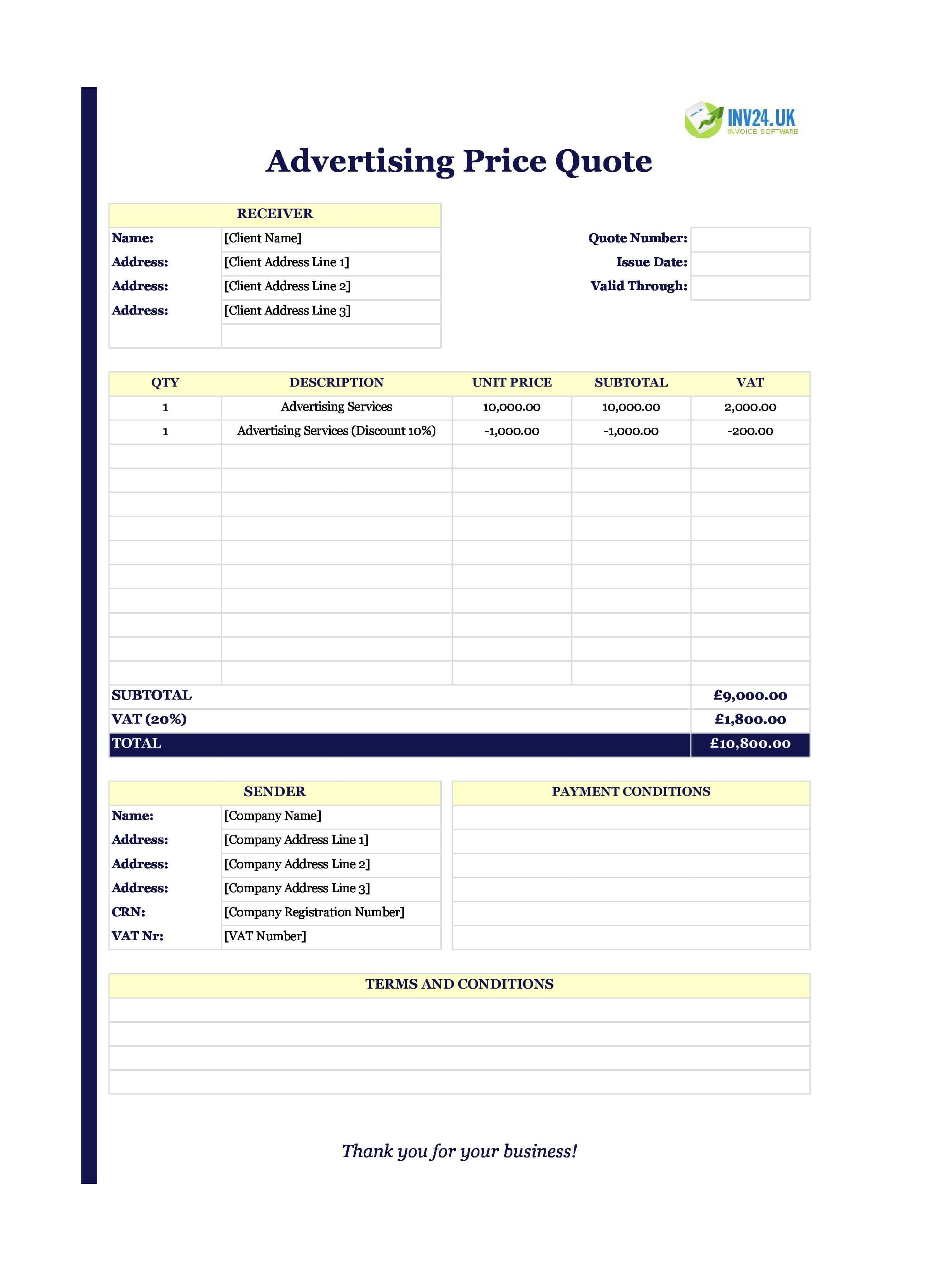 Advertising Quote Template for UK (Excel / Google Sheets)