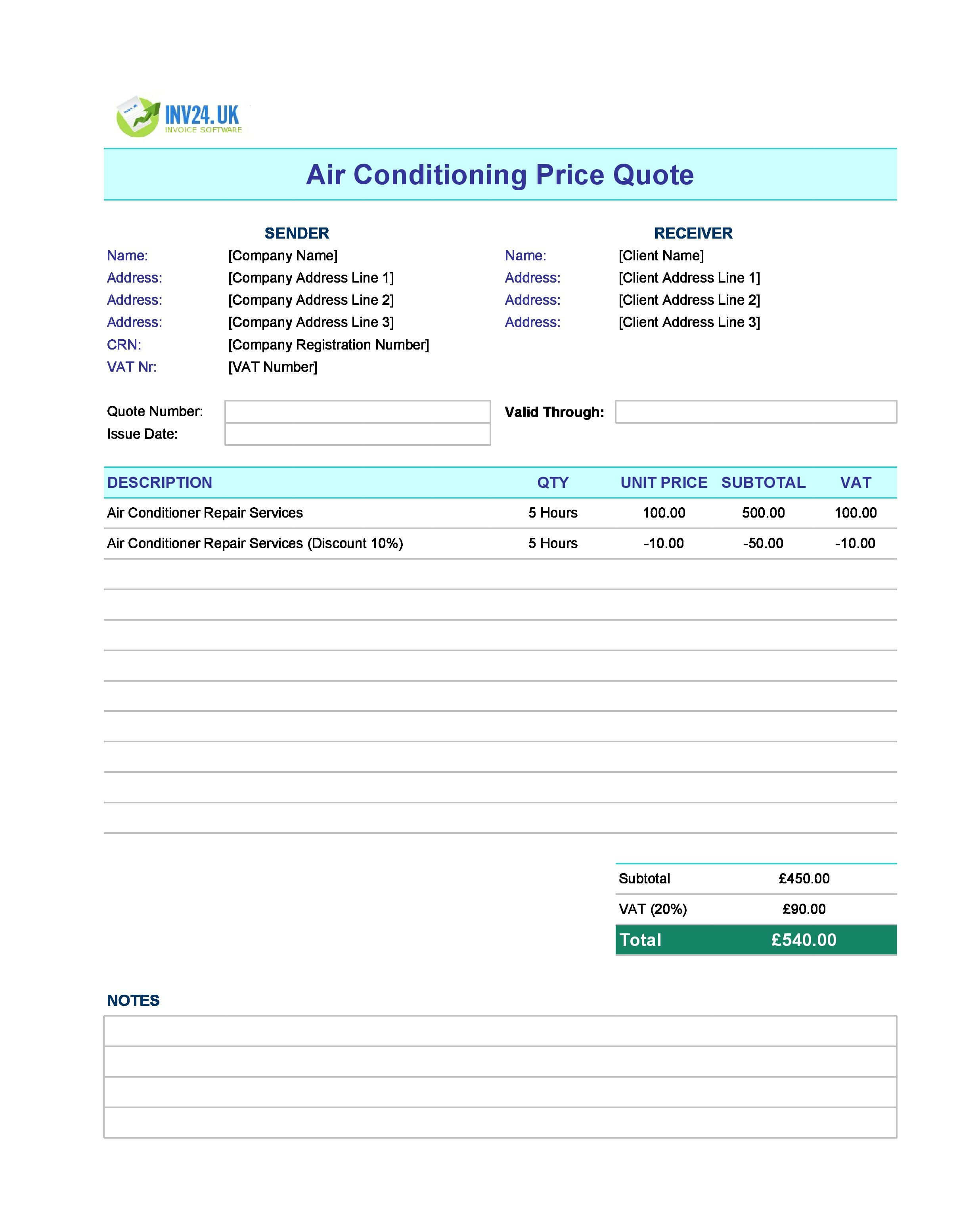 Air Conditioning Quote Template for UK (Excel / Google Sheets)