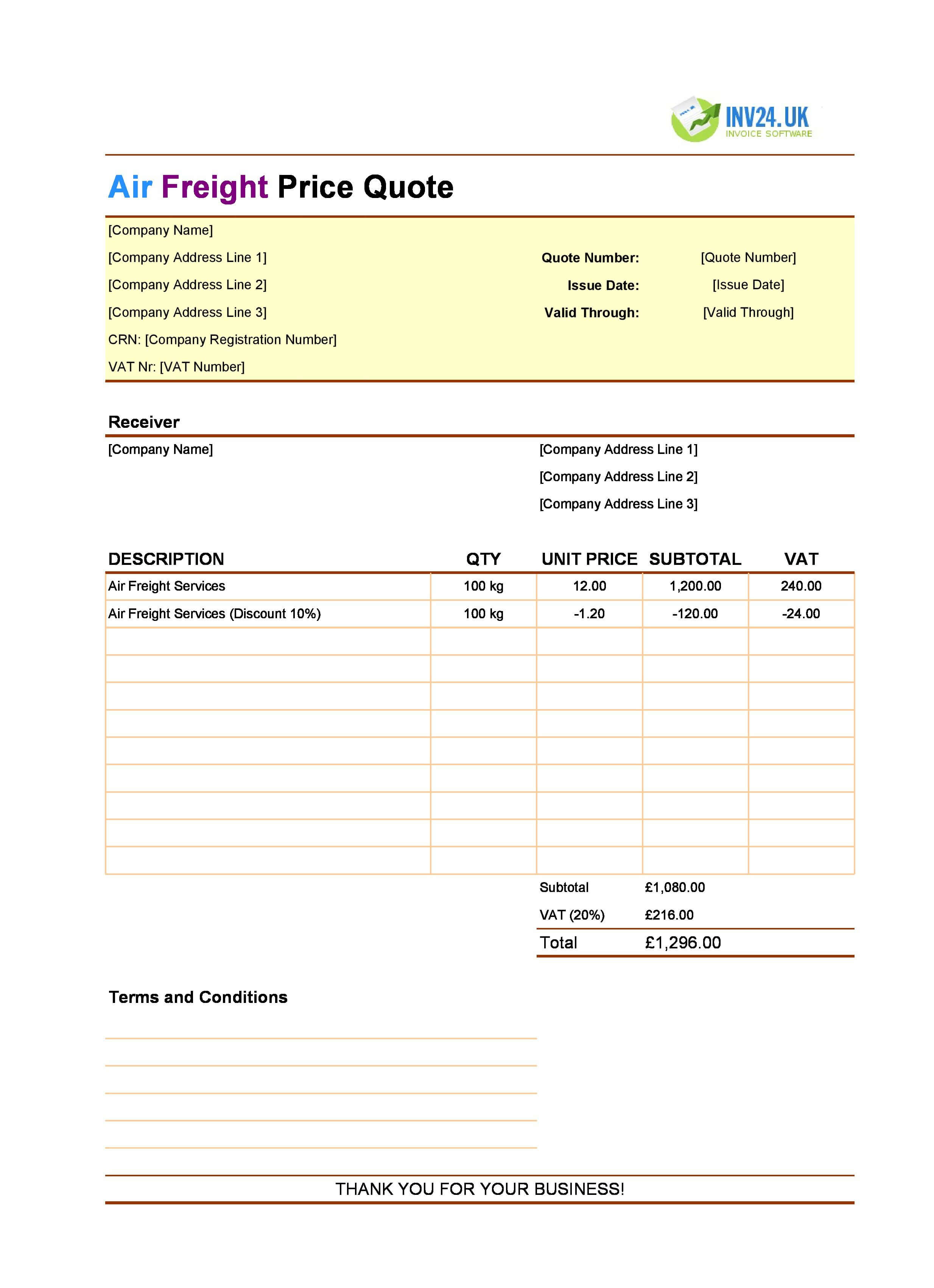 Air Freight Quote Template for UK (Excel / Google Sheets)