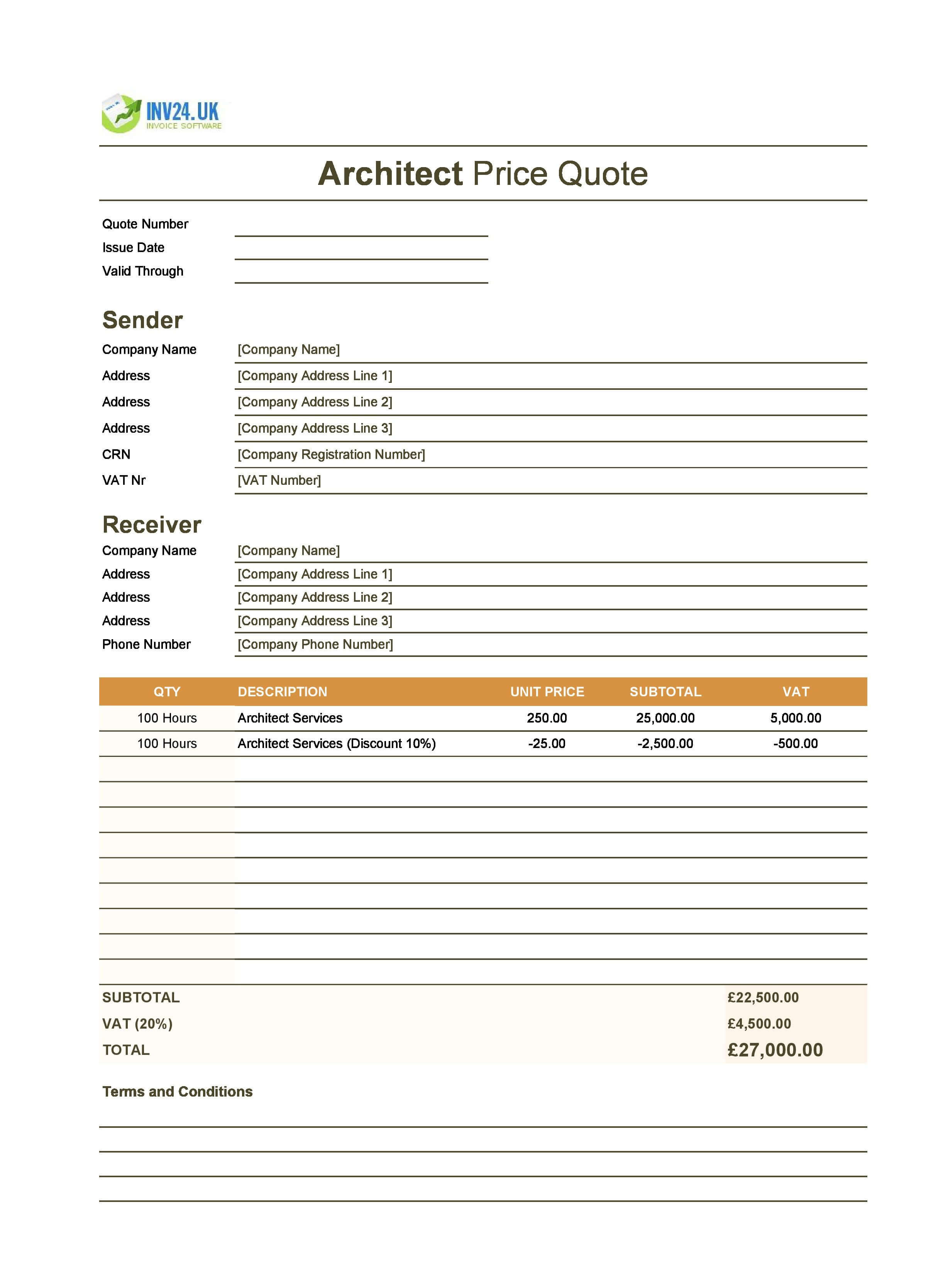 Architect Quote Template for UK (Excel / Google Sheets)